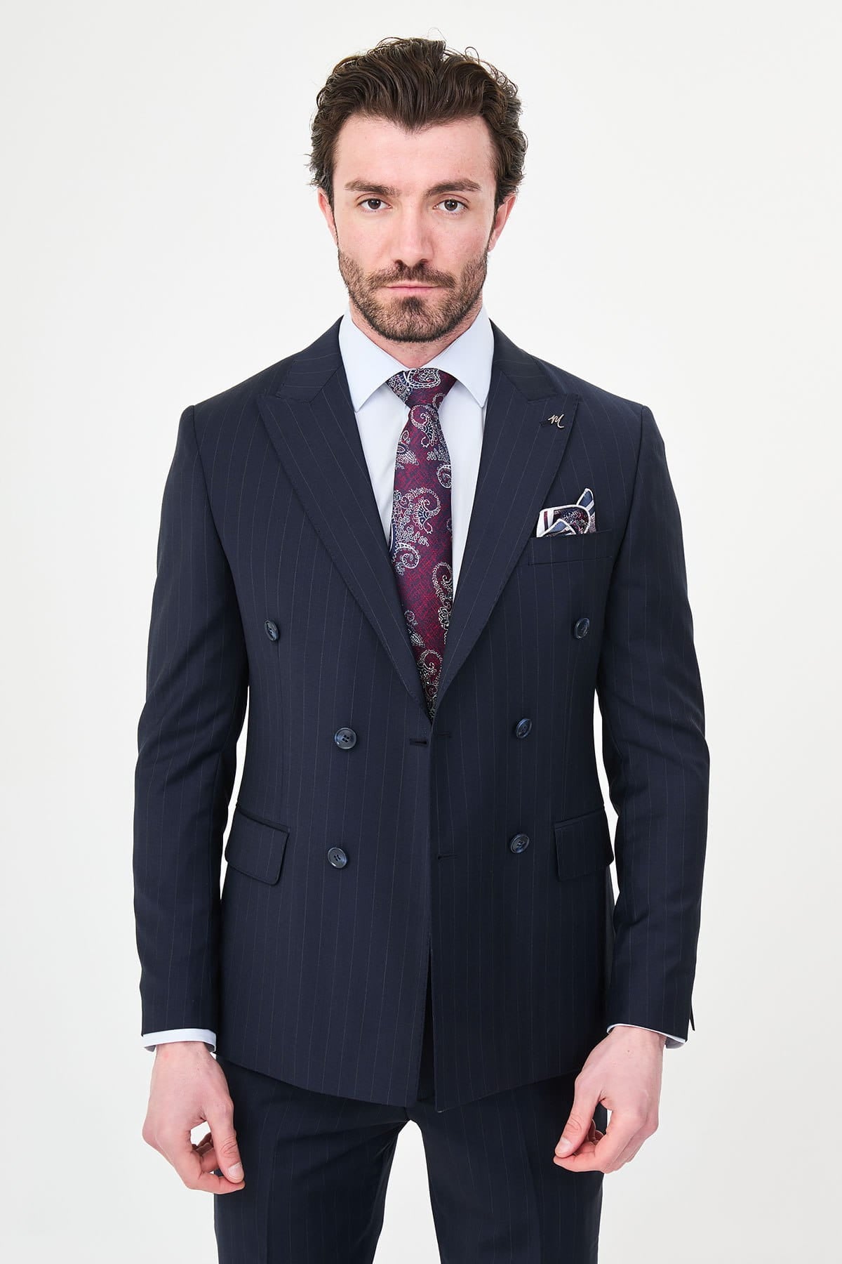 Men’s Navy Pinstripe Double-Breasted Wool Suit