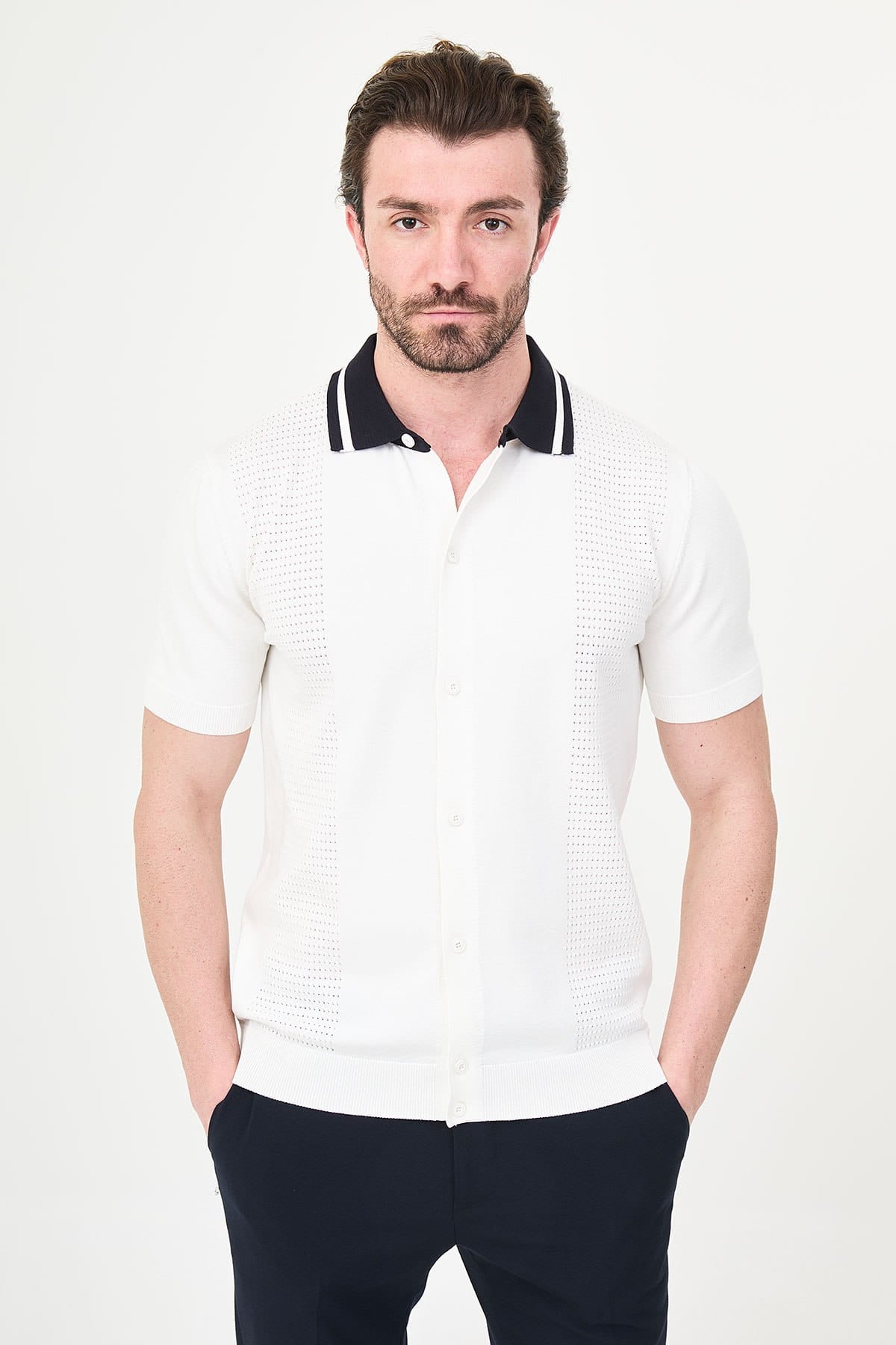 Men’s Off-White Knit Button-Up Polo Shirt