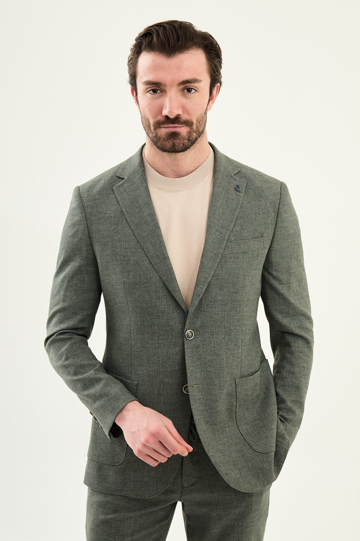 Men’s Sage Green Linen Blend Slim-Fit Suit