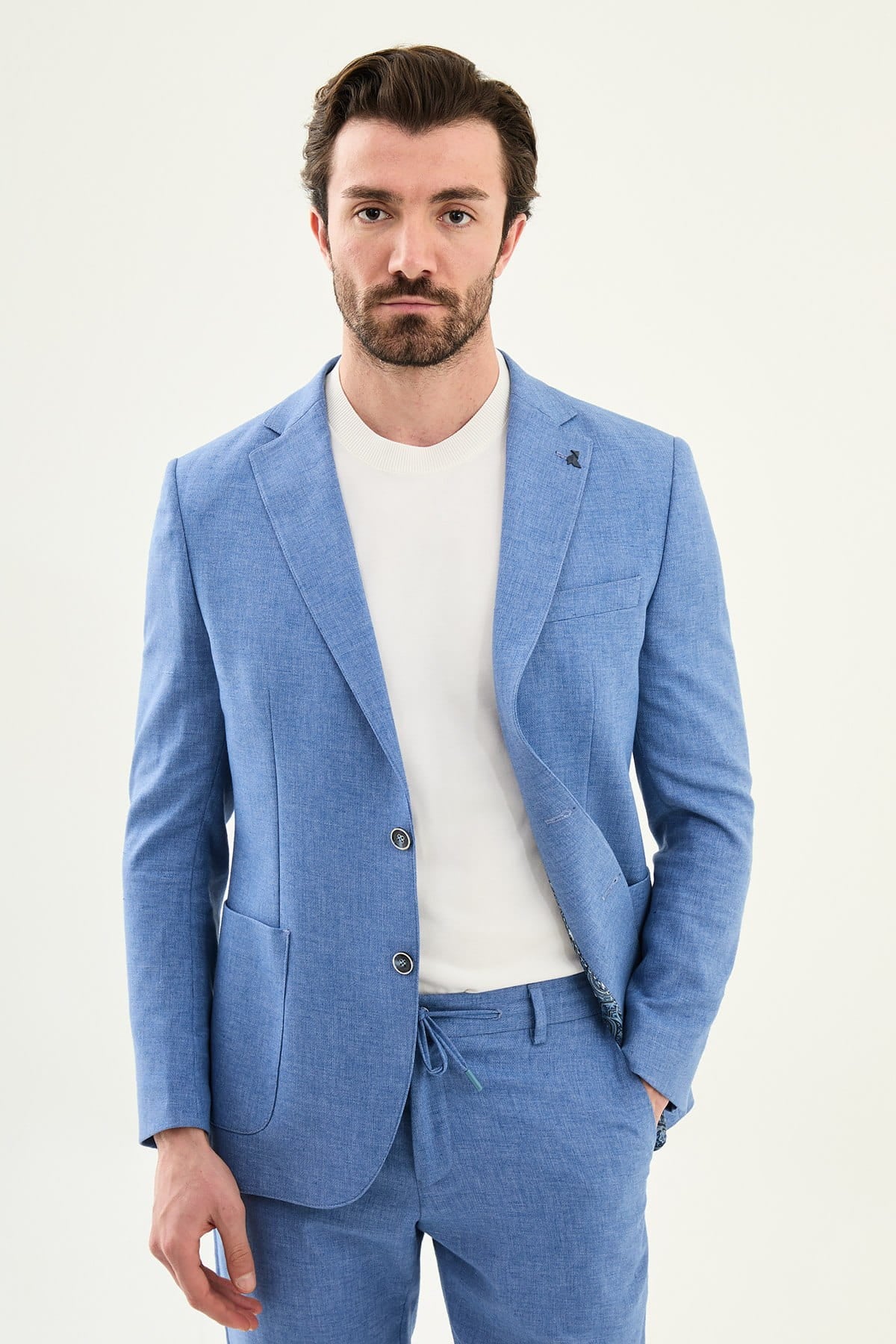 Men’s Sky Blue Linen Cotton Slim-Fit Suit