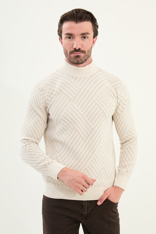 Men’s White Textured Knitted Slim Fit Mock Up  Sweater