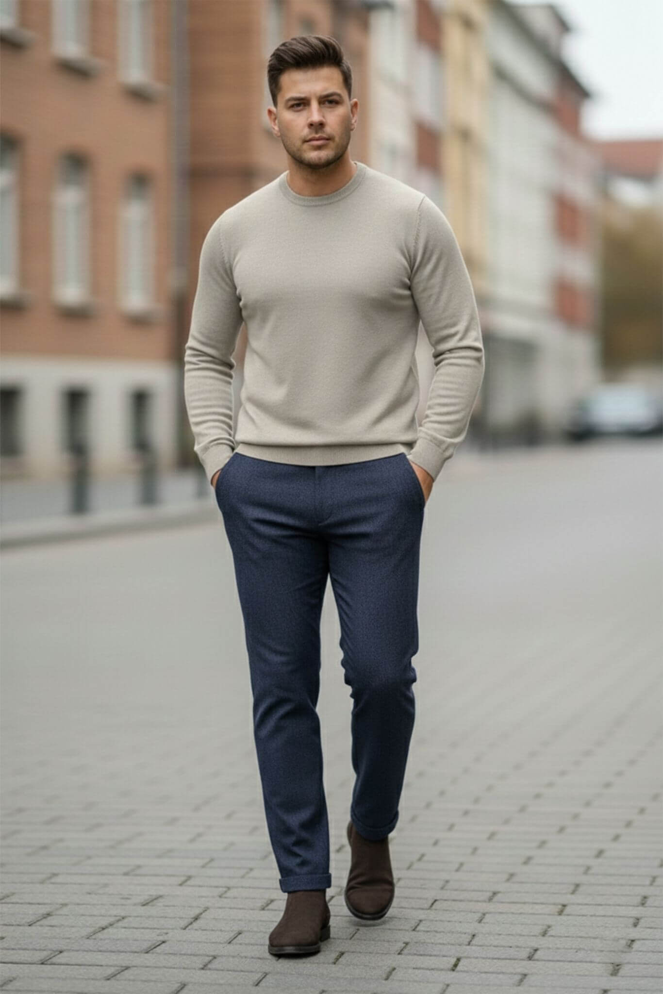 Man walking on a street wearing a beige sweater and blue pants.