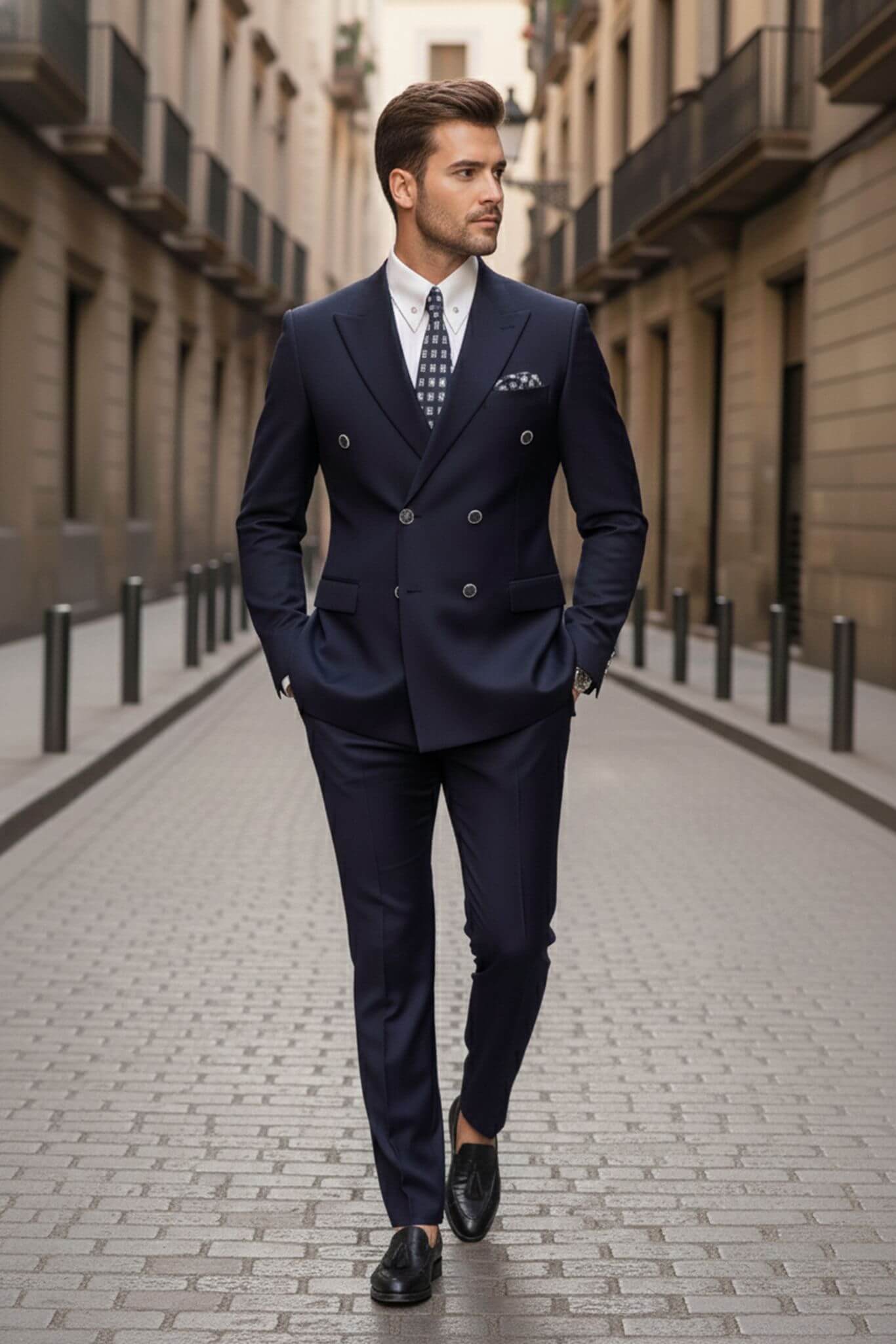 Man in a navy suit walking down a city street.