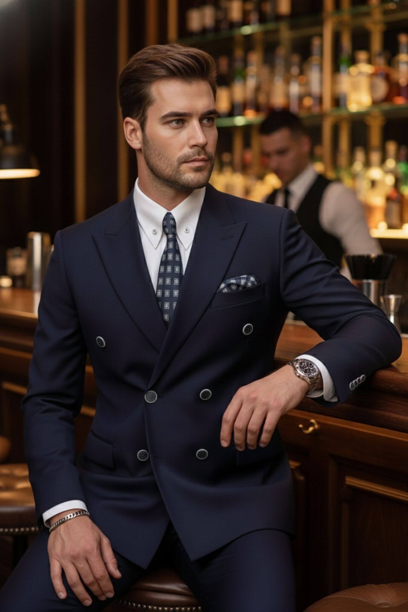Man in a navy suit sitting at a bar with bottles in the background