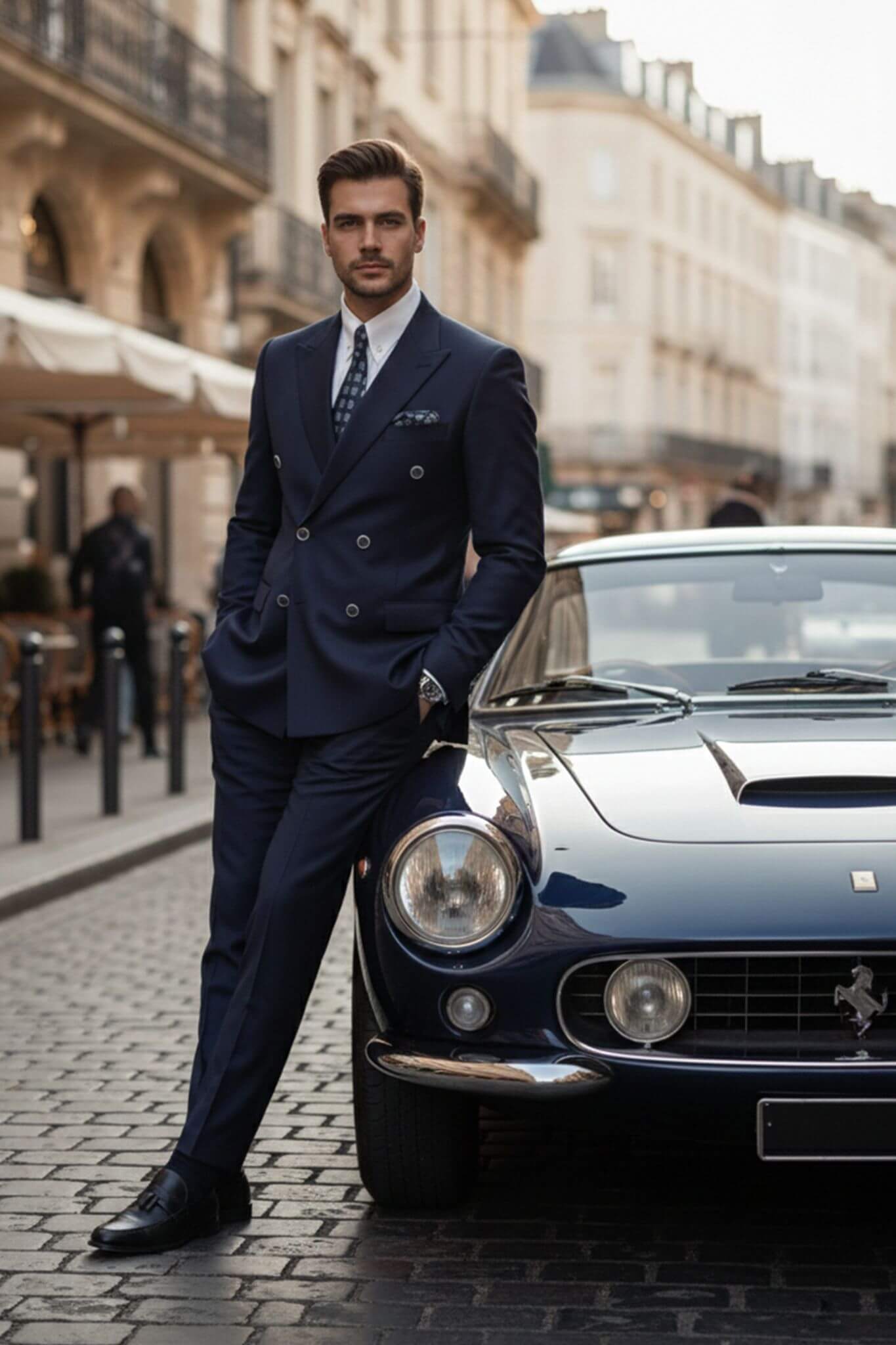 Man in a navy suit standing next to a classic car on a city street.