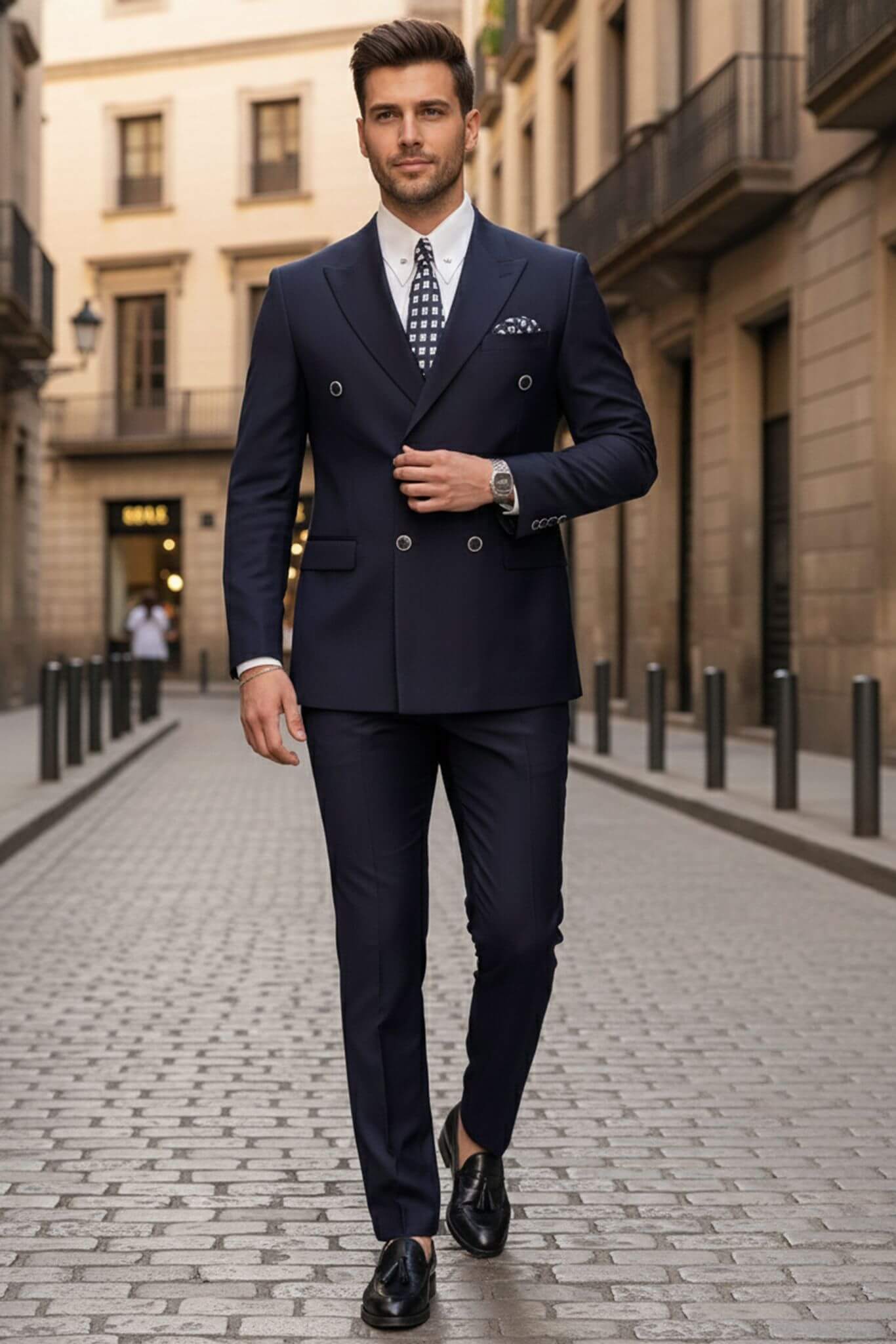 Man in a navy suit walking down a city street.