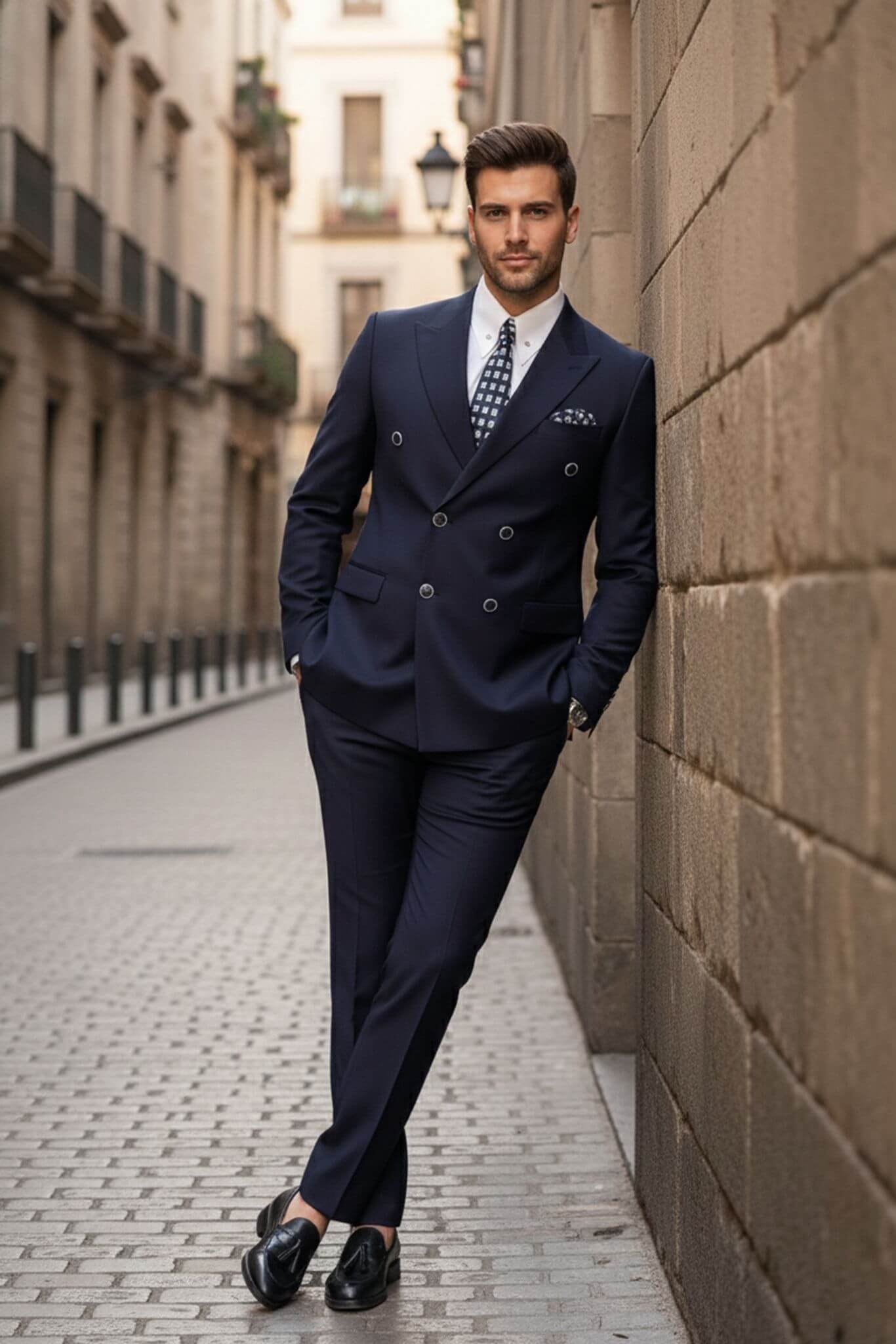 Man in a navy suit standing against a stone wall on a city street.
