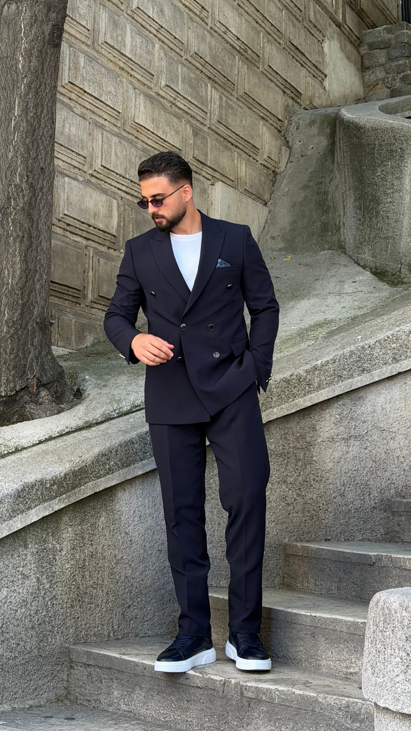 Men's navy double-breasted two-piece suit front view