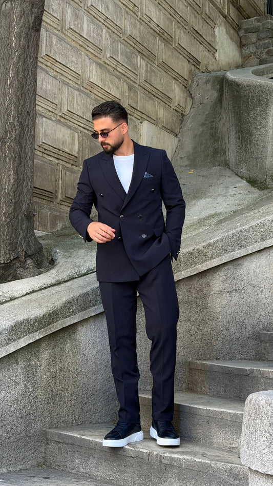 Men's navy double-breasted two-piece suit front view