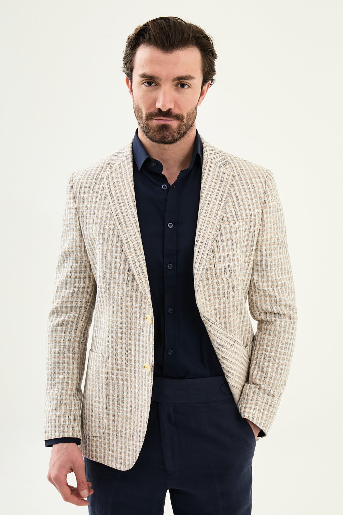 Navy Blue Slim Fit Linen Blend Plaid Sport Jacket
