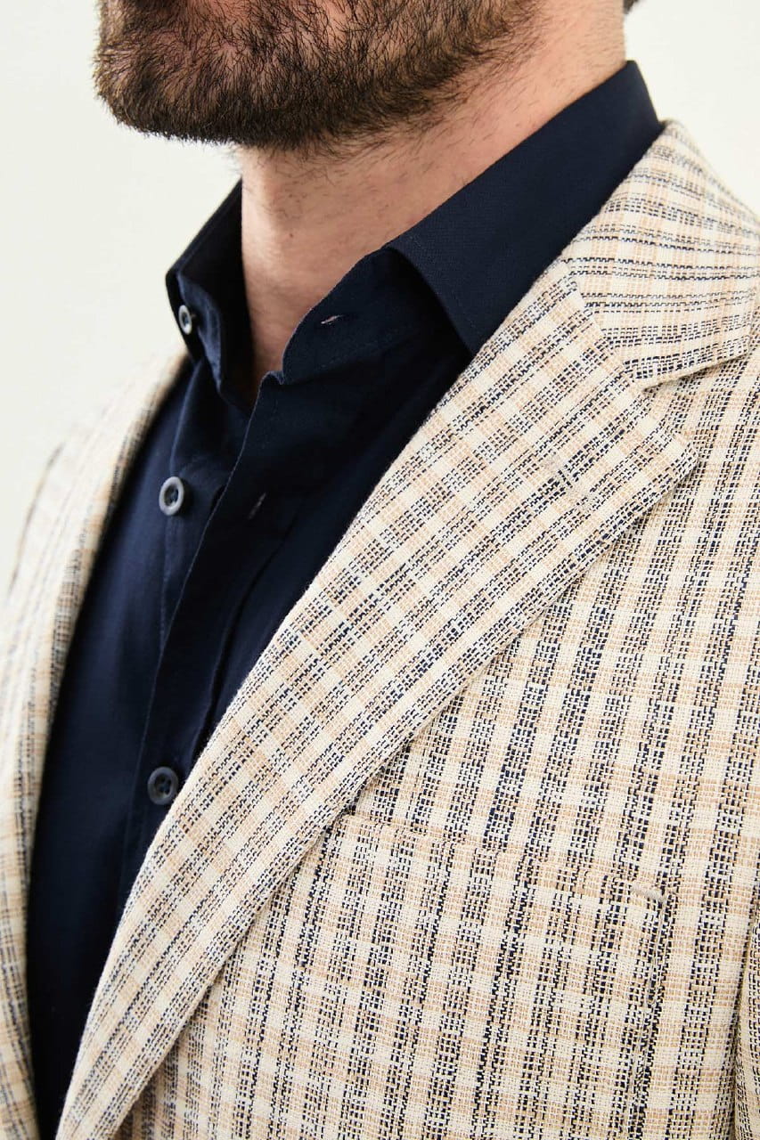 Navy Blue Slim Fit Linen Blend Plaid Sport Jacket