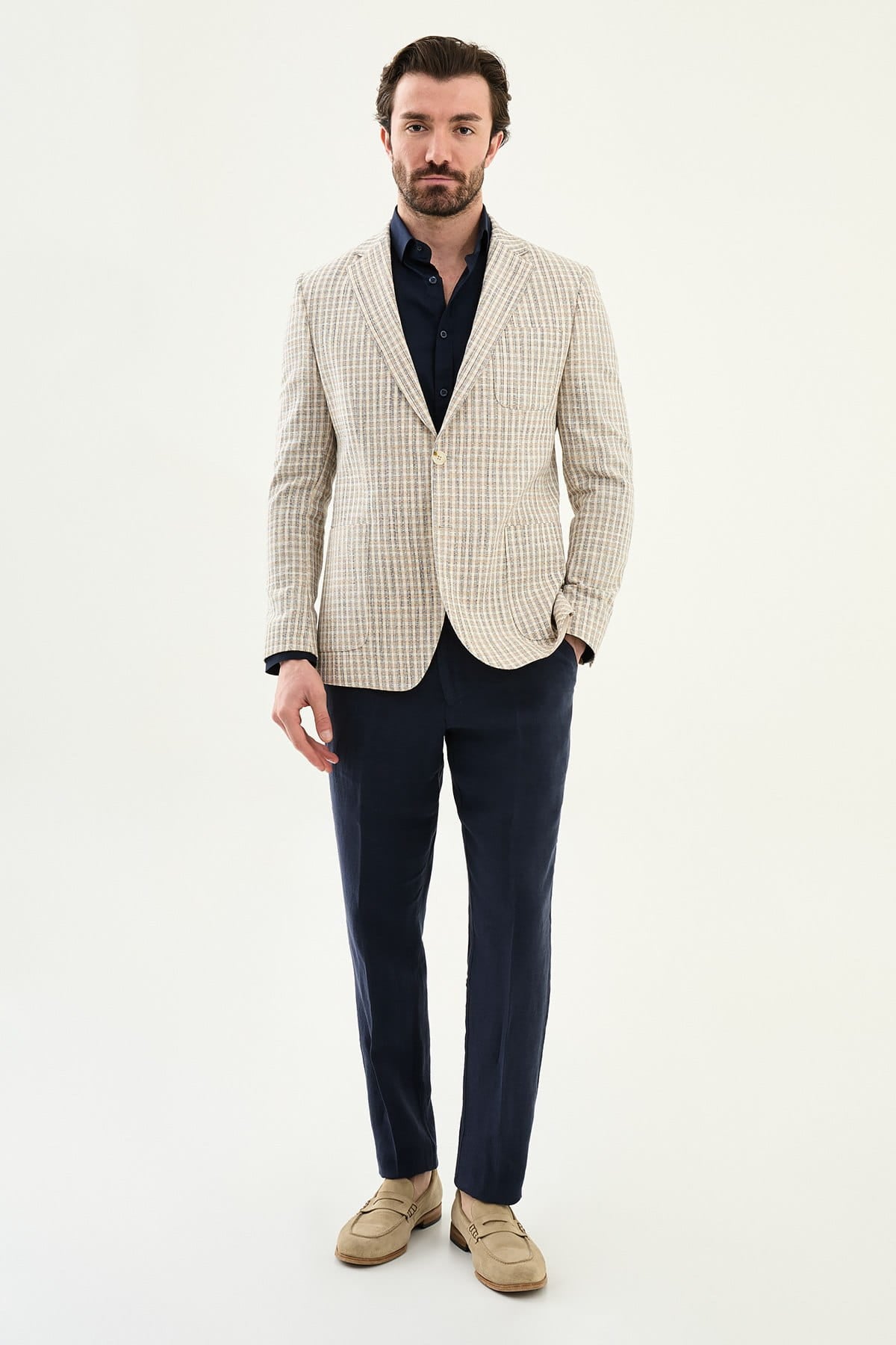 Navy Blue Slim Fit Linen Blend Plaid Sport Jacket