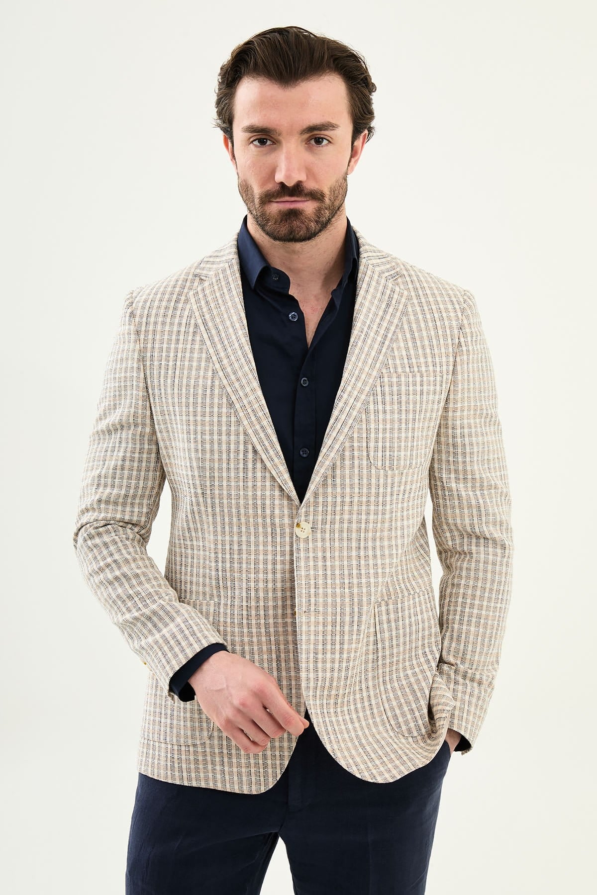 Navy Blue Slim Fit Linen Blend Plaid Sport Jacket