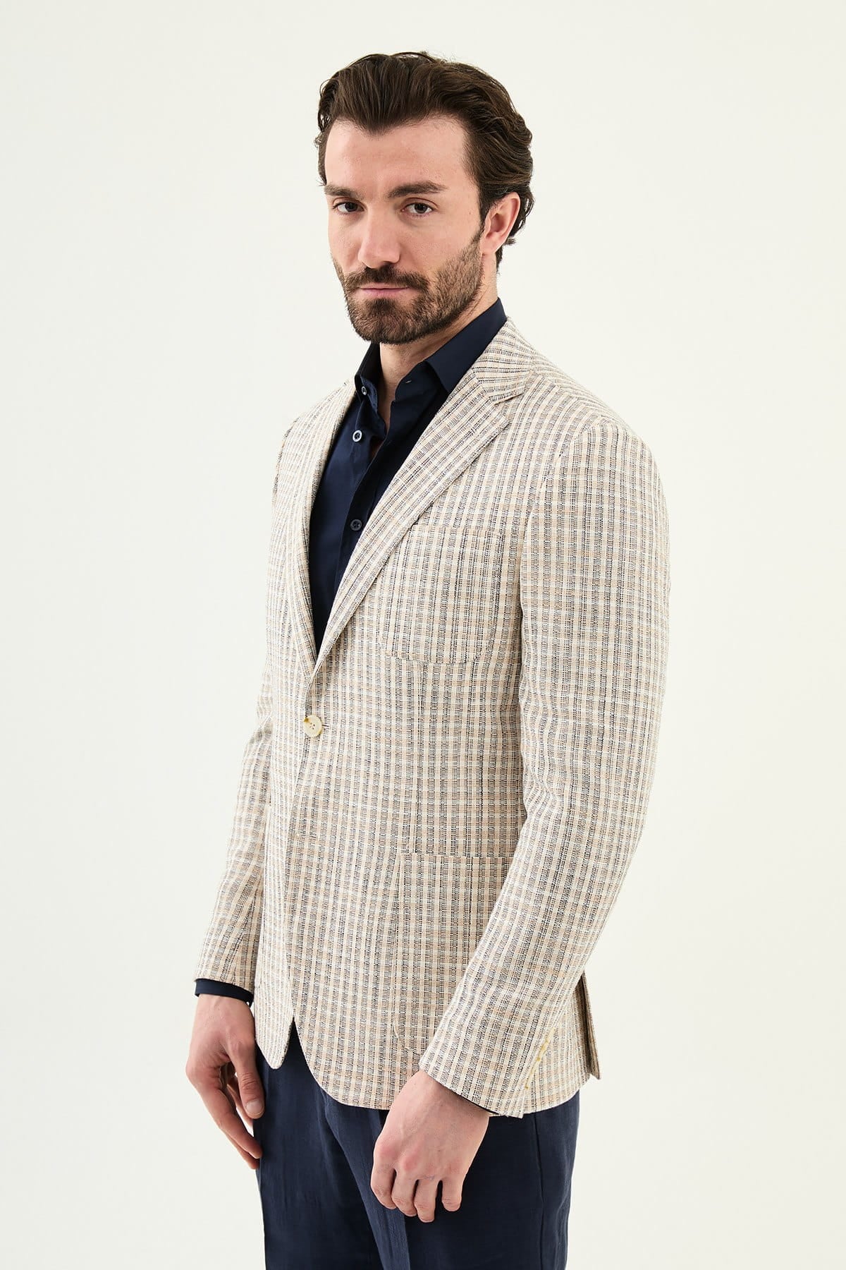 Navy Blue Slim Fit Linen Blend Plaid Sport Jacket