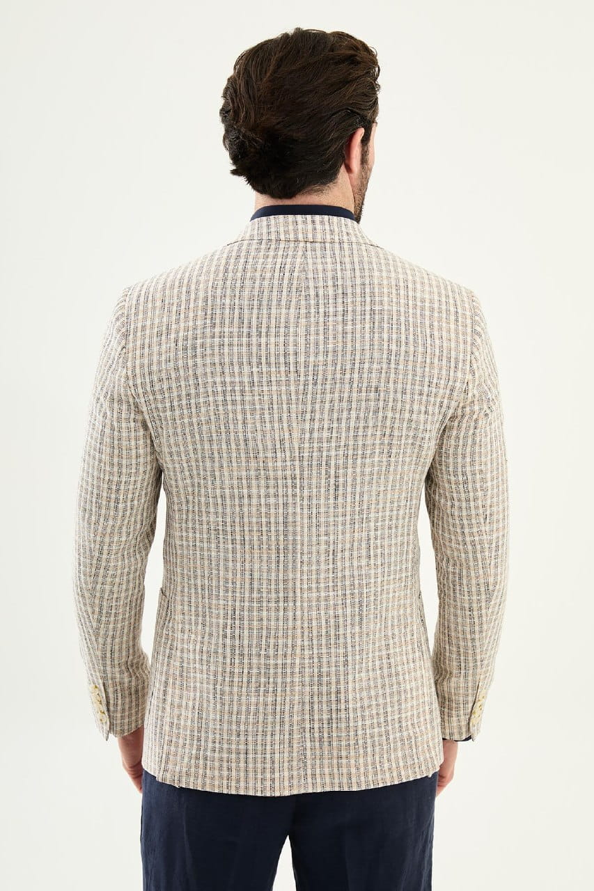 Navy Blue Slim Fit Linen Blend Plaid Sport Jacket