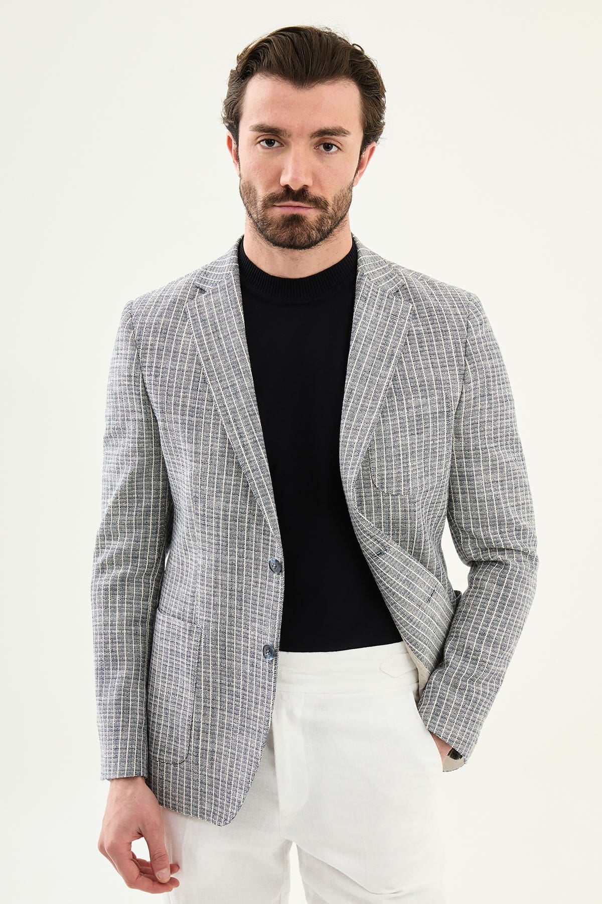 Navy Blue Slim Fit Linen Blend Windowpane Blazer