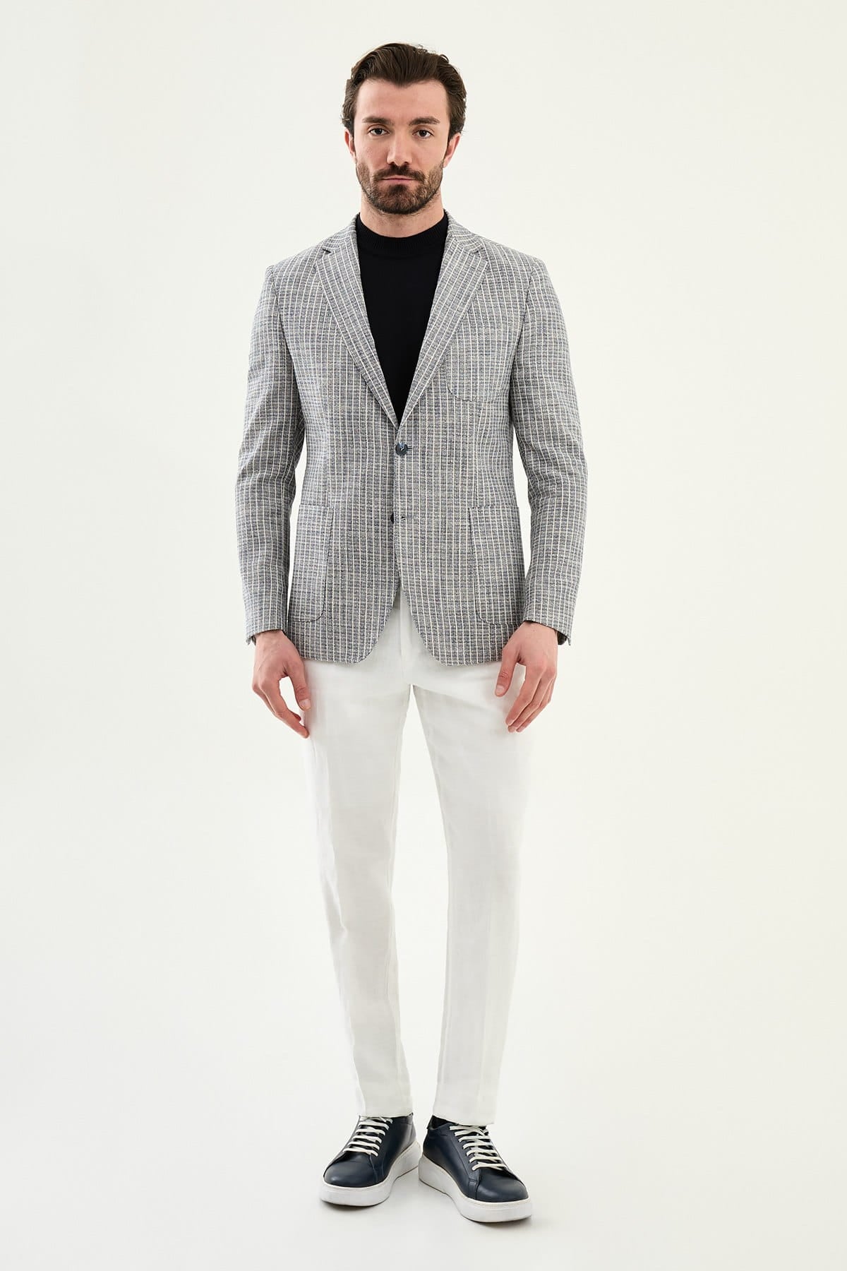 Navy Blue Slim Fit Linen Blend Windowpane Blazer