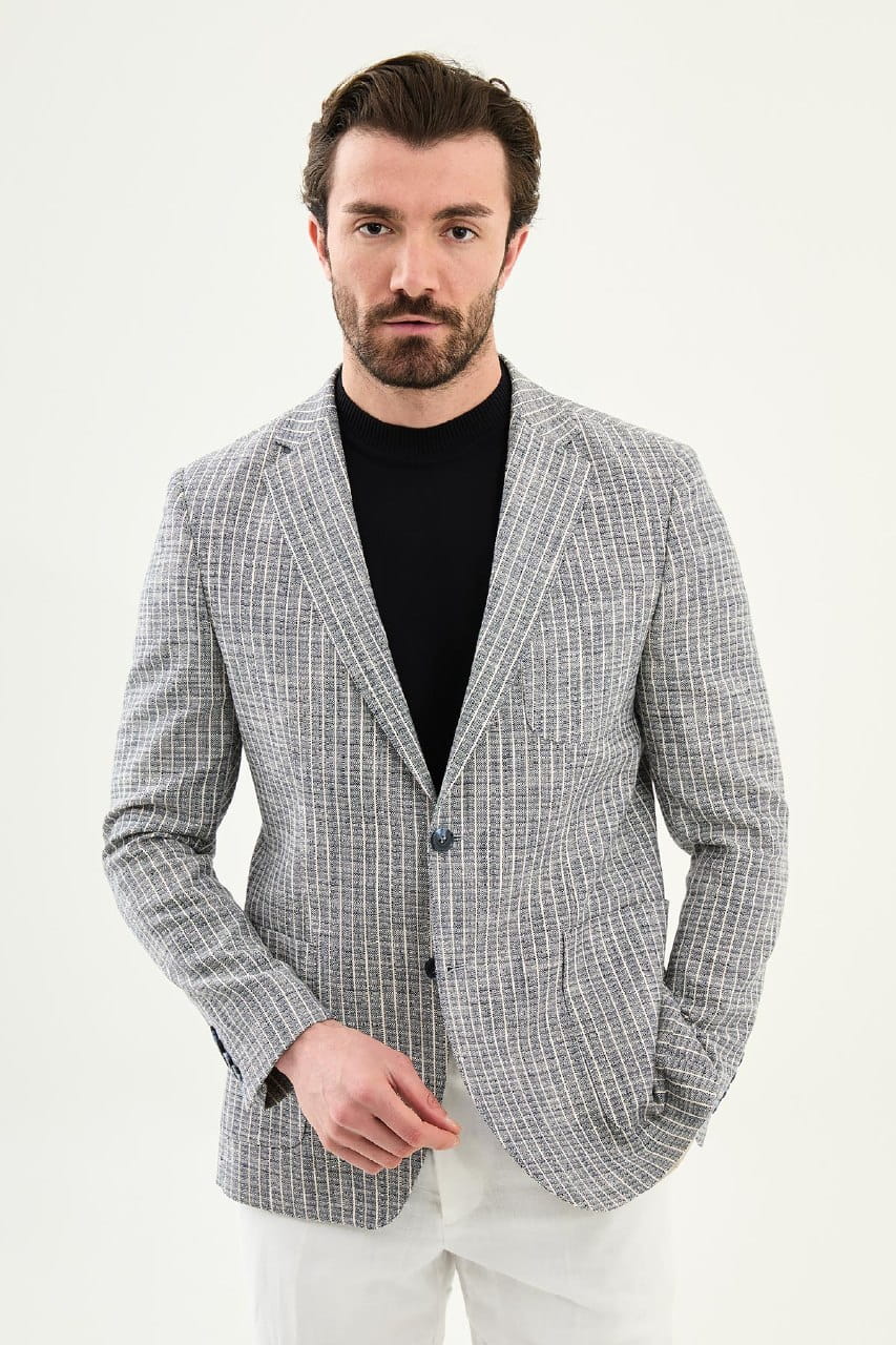 Navy Blue Slim Fit Linen Blend Windowpane Blazer