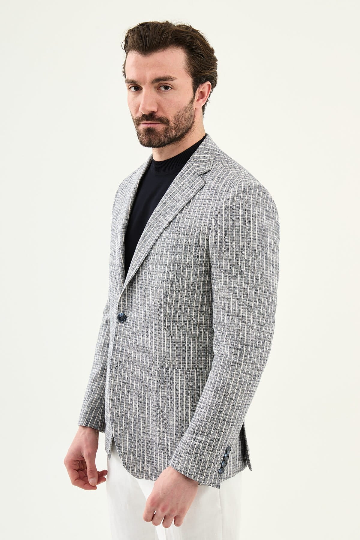 Navy Blue Slim Fit Linen Blend Windowpane Blazer