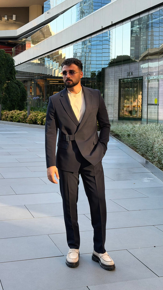 Men's navy slim fit two-piece suit with side-buckle detail