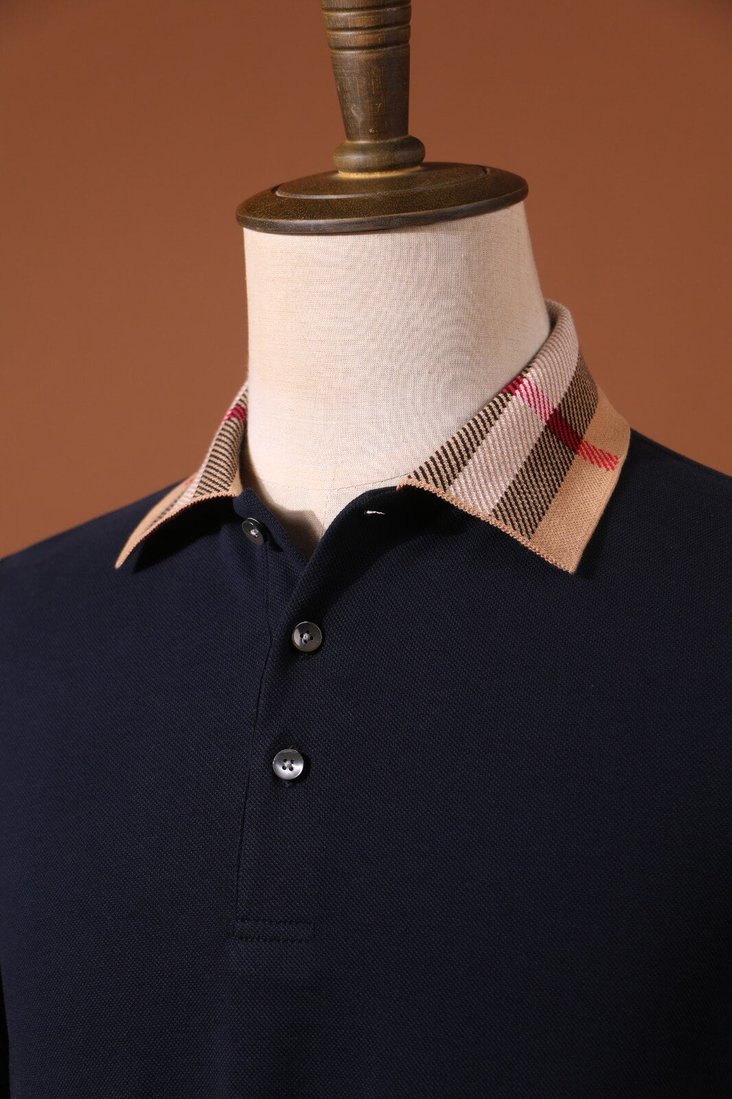 Navy Silk-Velvet Polo with Heritage Check Collar