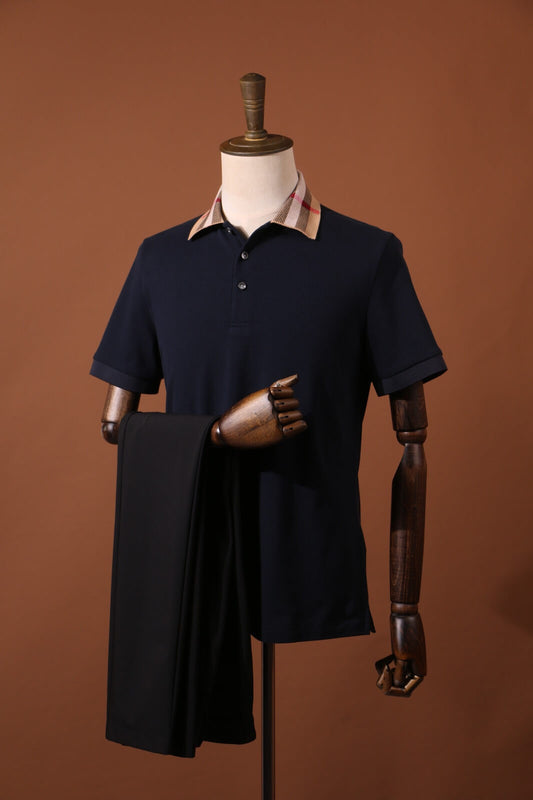 Navy Silk-Velvet Polo with Heritage Check Collar
