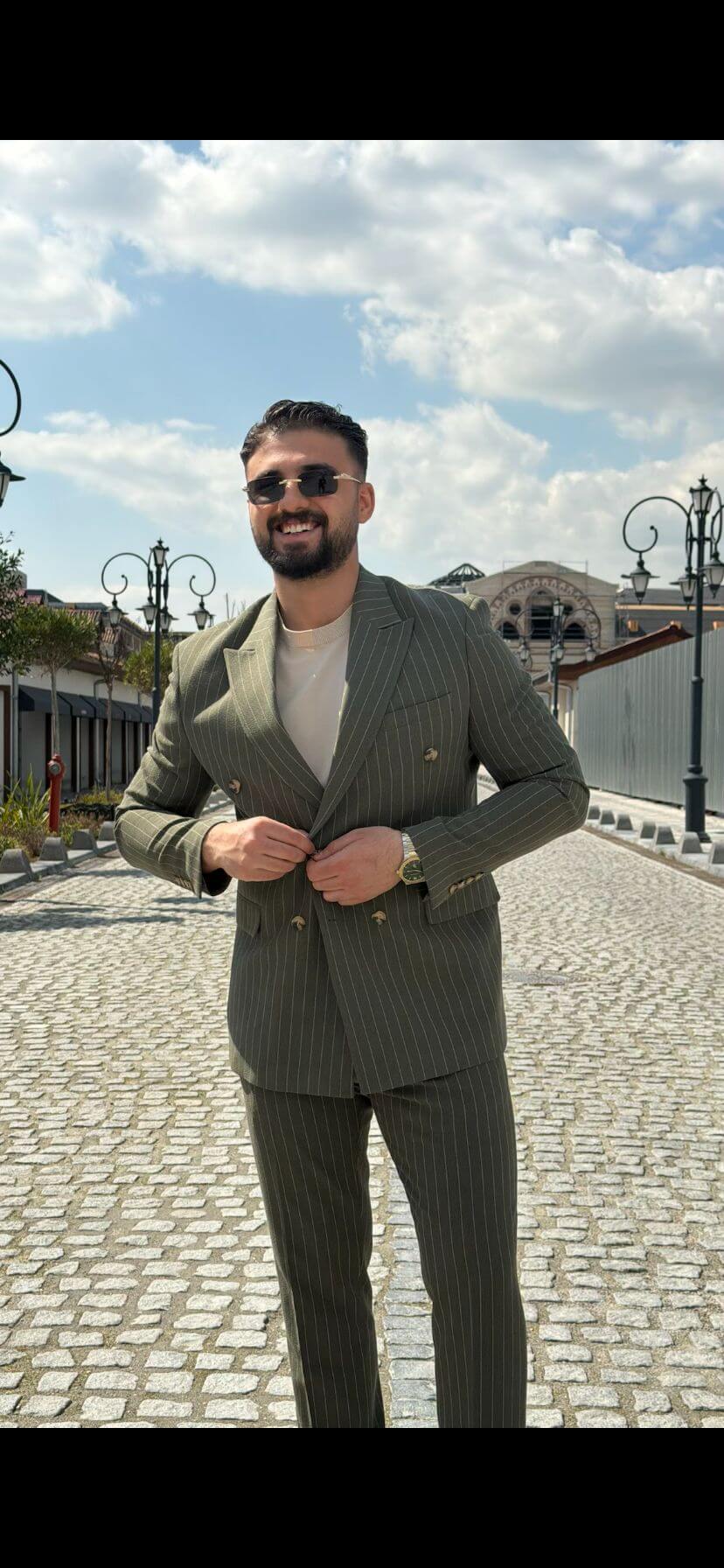 Olive Green Pinstripe Double-Breasted Men’s Suit