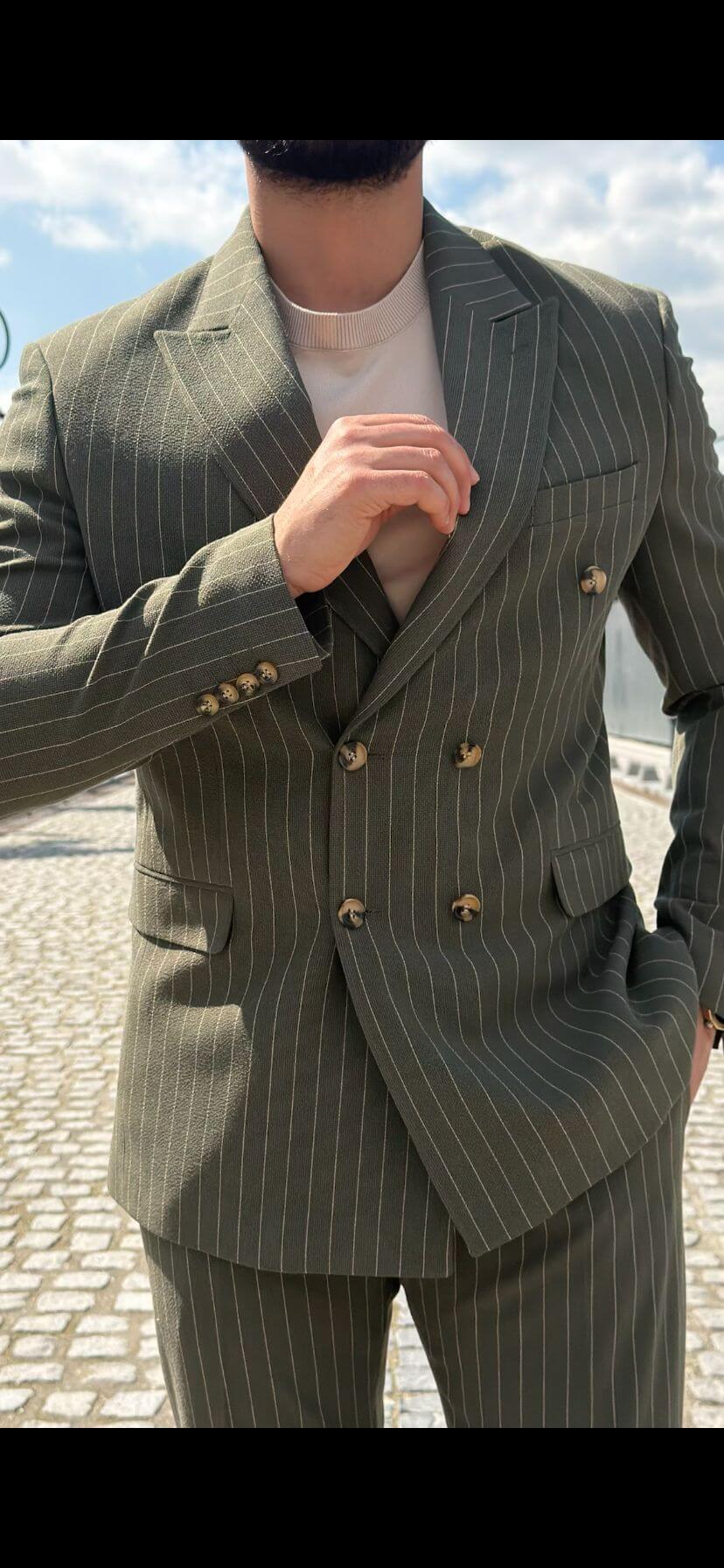 Olive Green Pinstripe Double-Breasted Men’s Suit