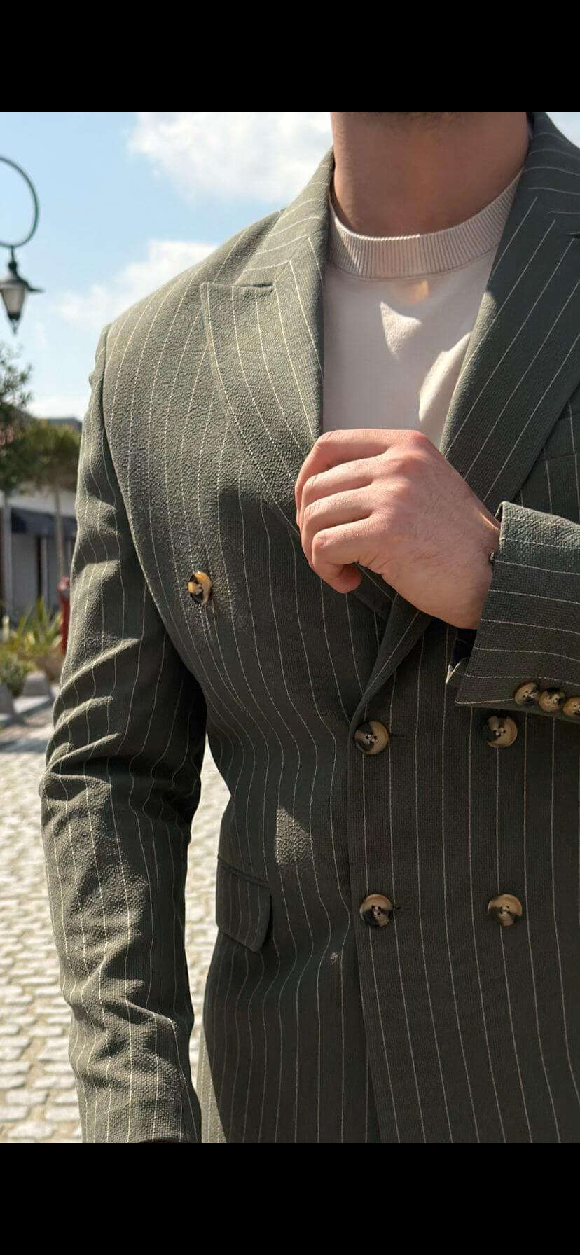 Olive Green Pinstripe Double-Breasted Men’s Suit