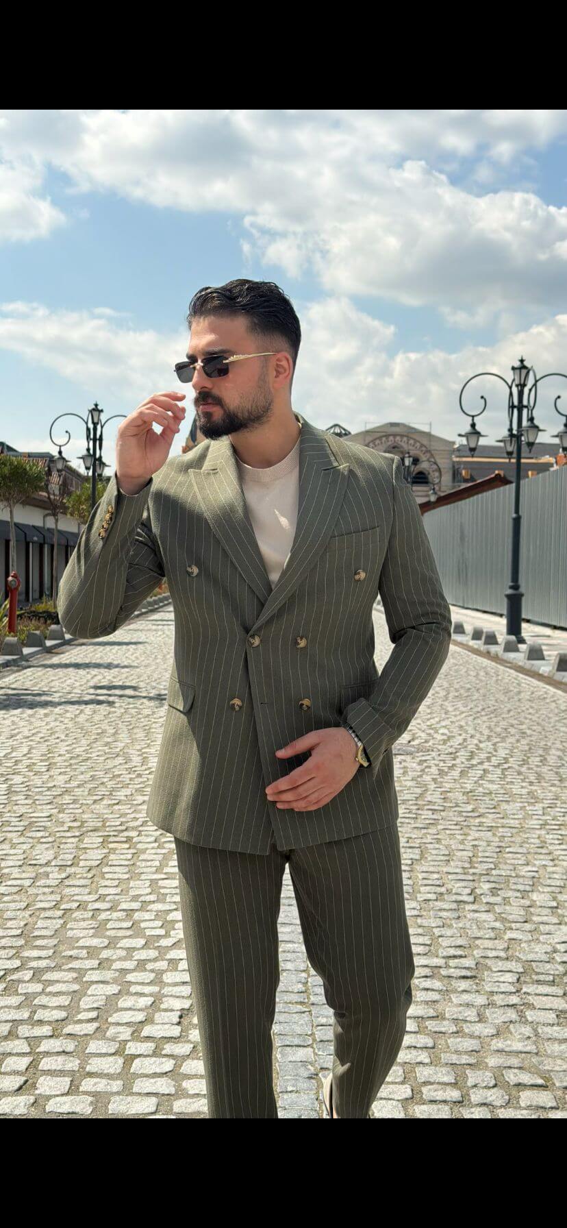Olive Green Pinstripe Double-Breasted Men’s Suit