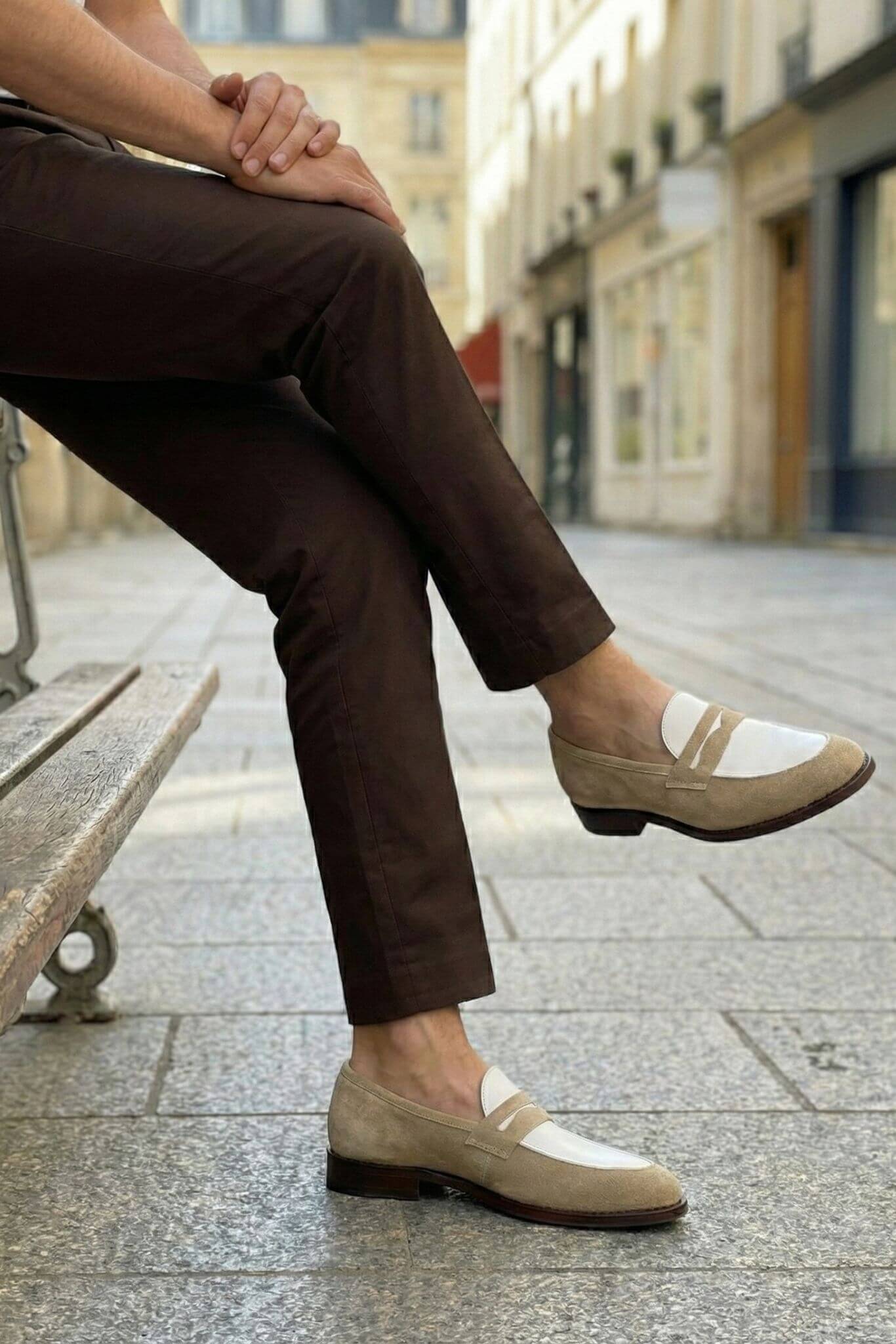 Riviera Beige Two-Tone Suede Penny Loafers