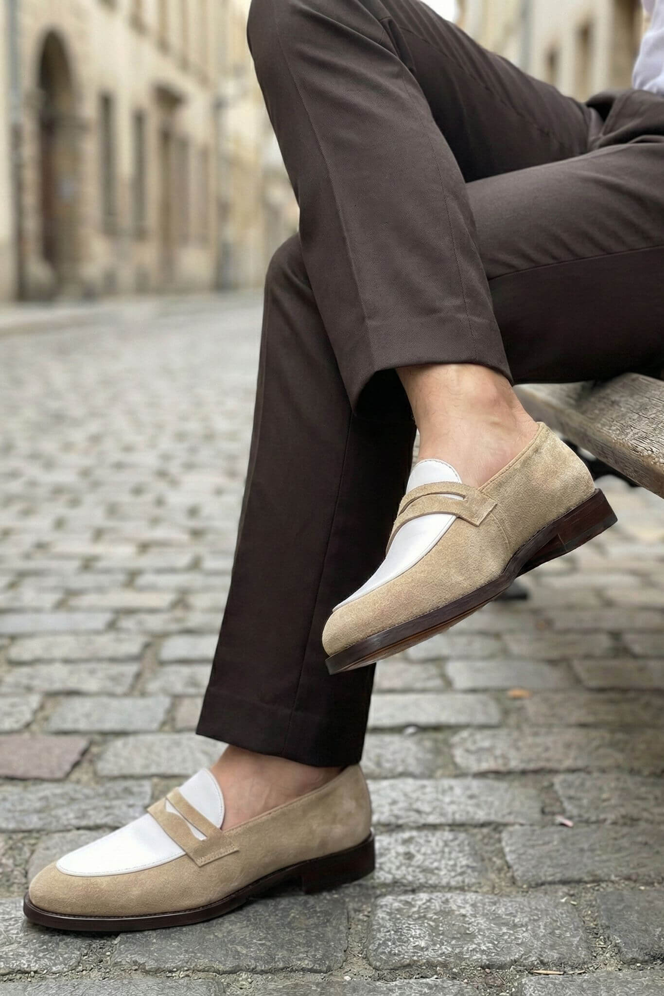 Riviera Beige Two-Tone Suede Penny Loafers