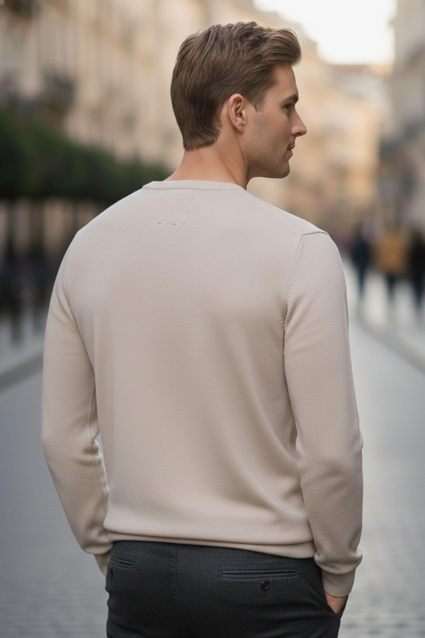 Slim-fit Classic Crew Neck Sweater in Beige