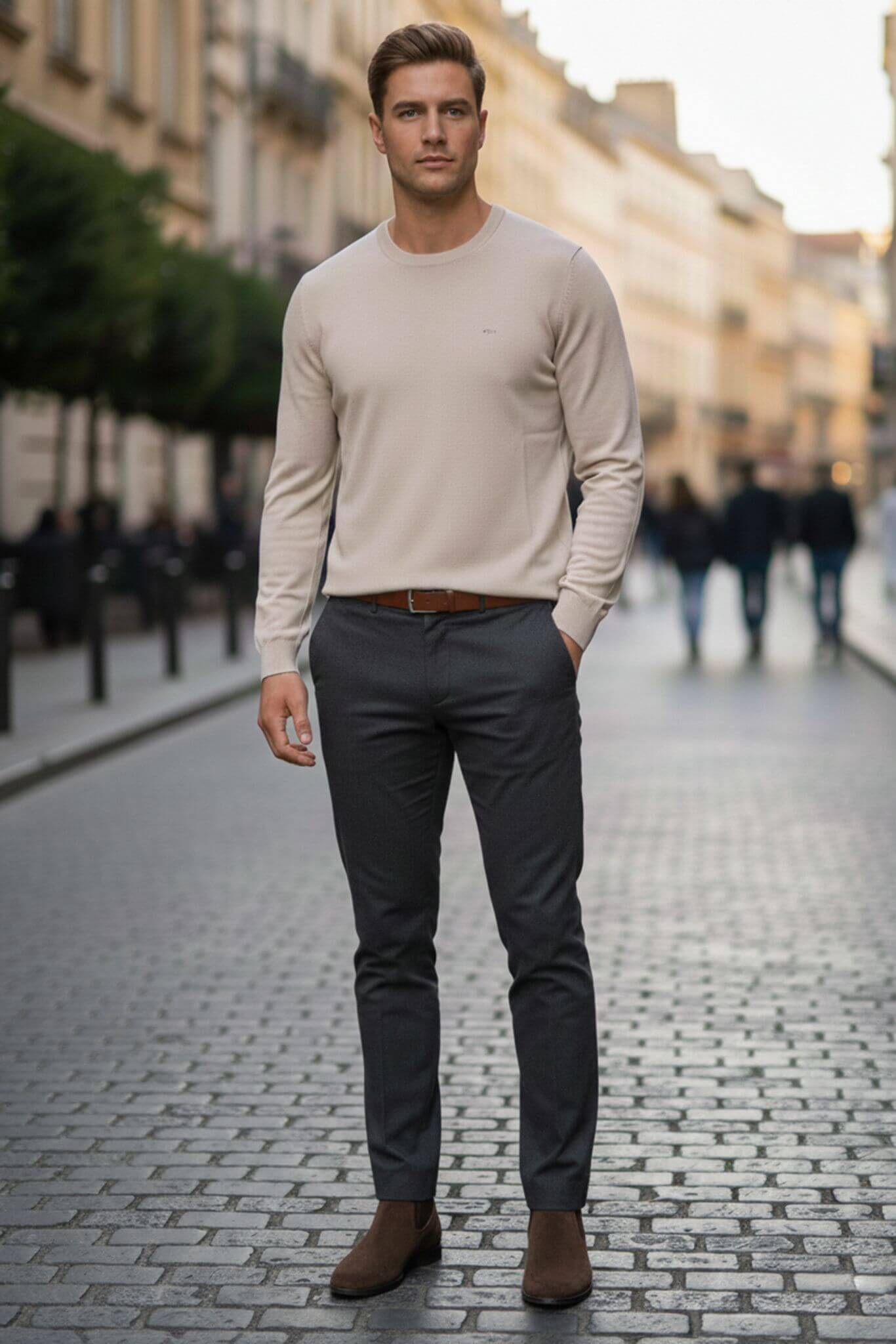 Slim-fit Classic Crew Neck Sweater in Beige