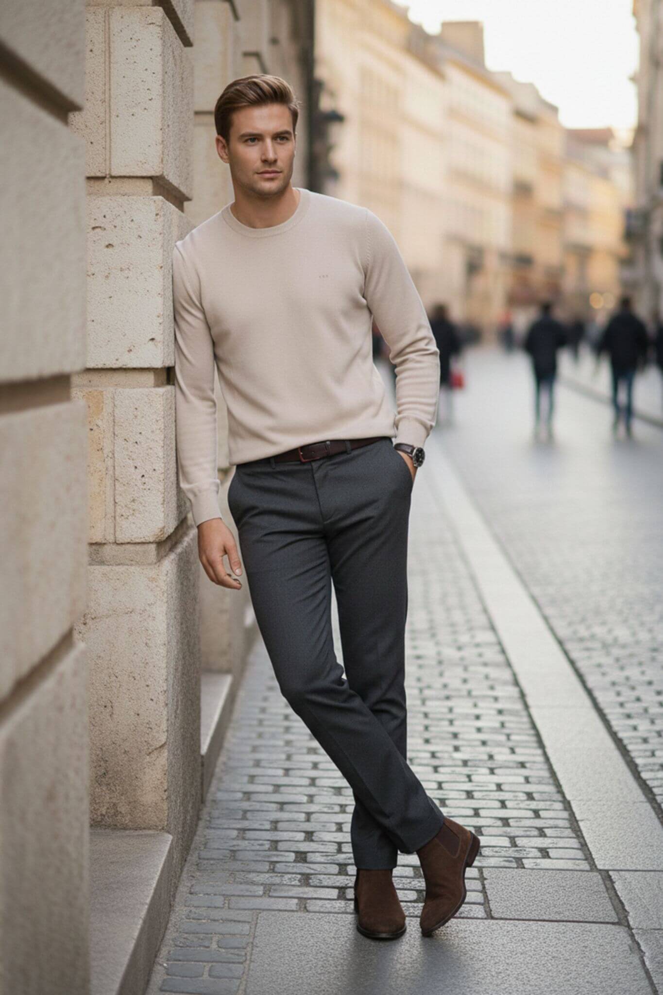 Slim-fit Classic Crew Neck Sweater in Beige