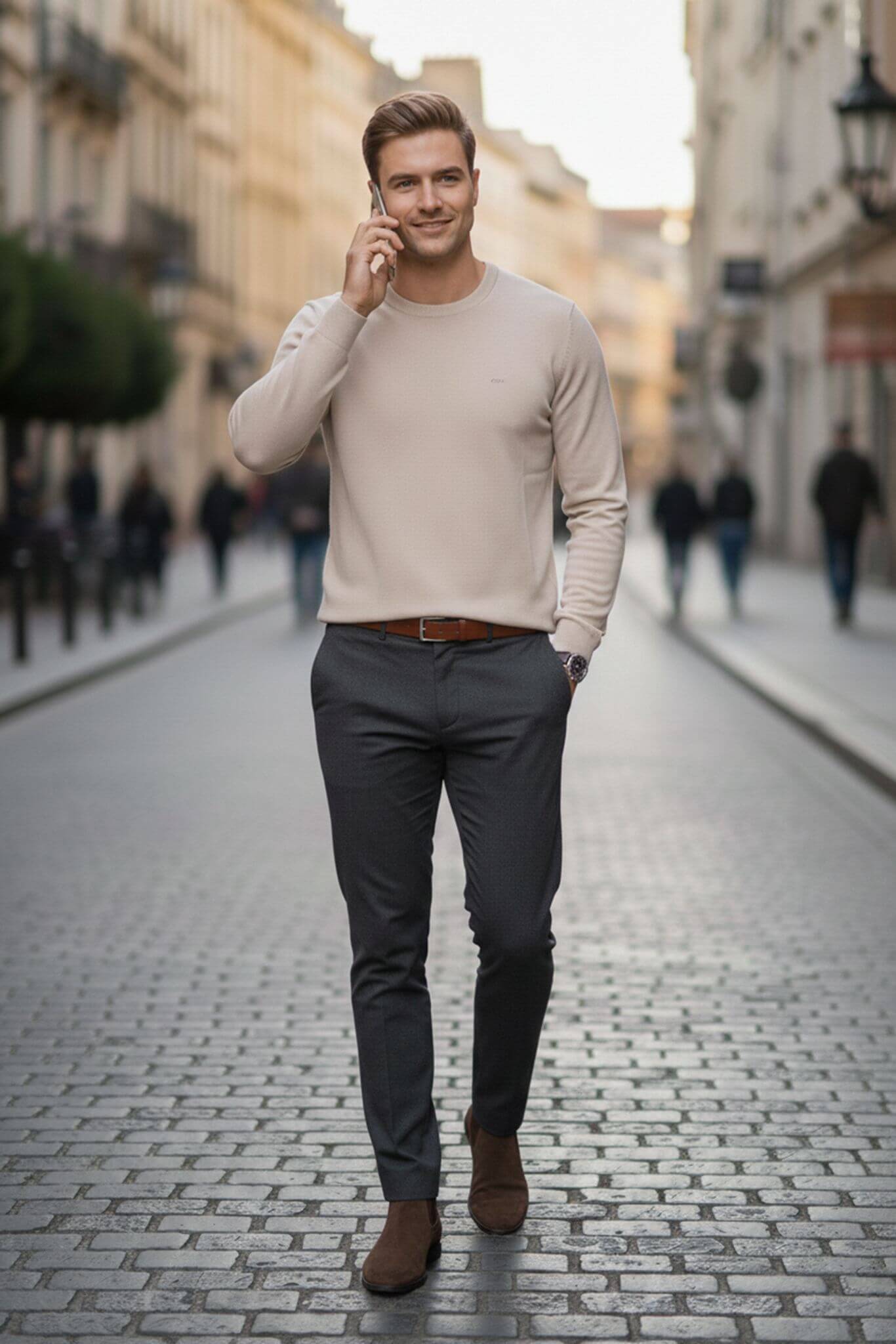 Slim-fit Classic Crew Neck Sweater in Beige