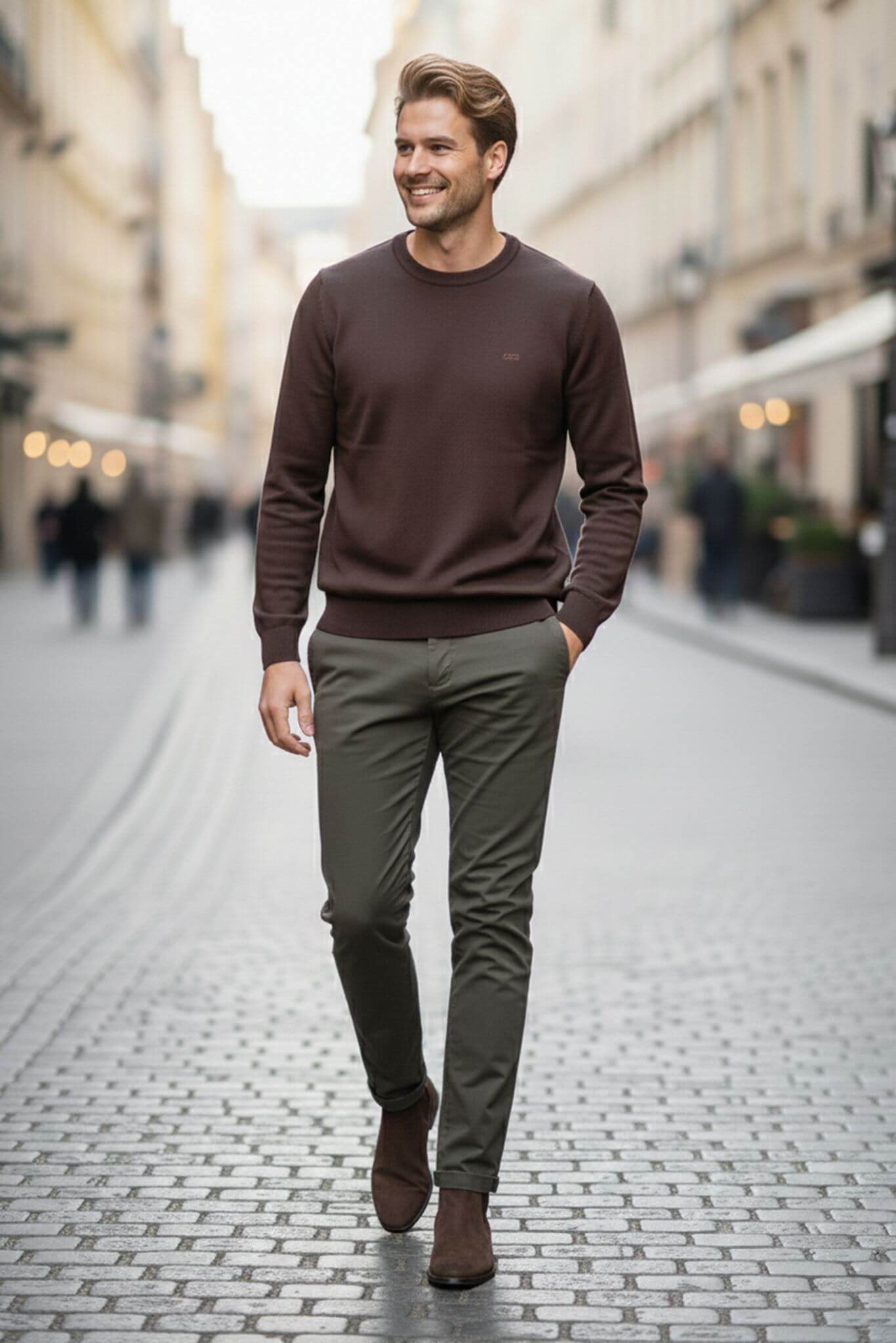 Man walking on a street wearing a brown sweater and green pants.