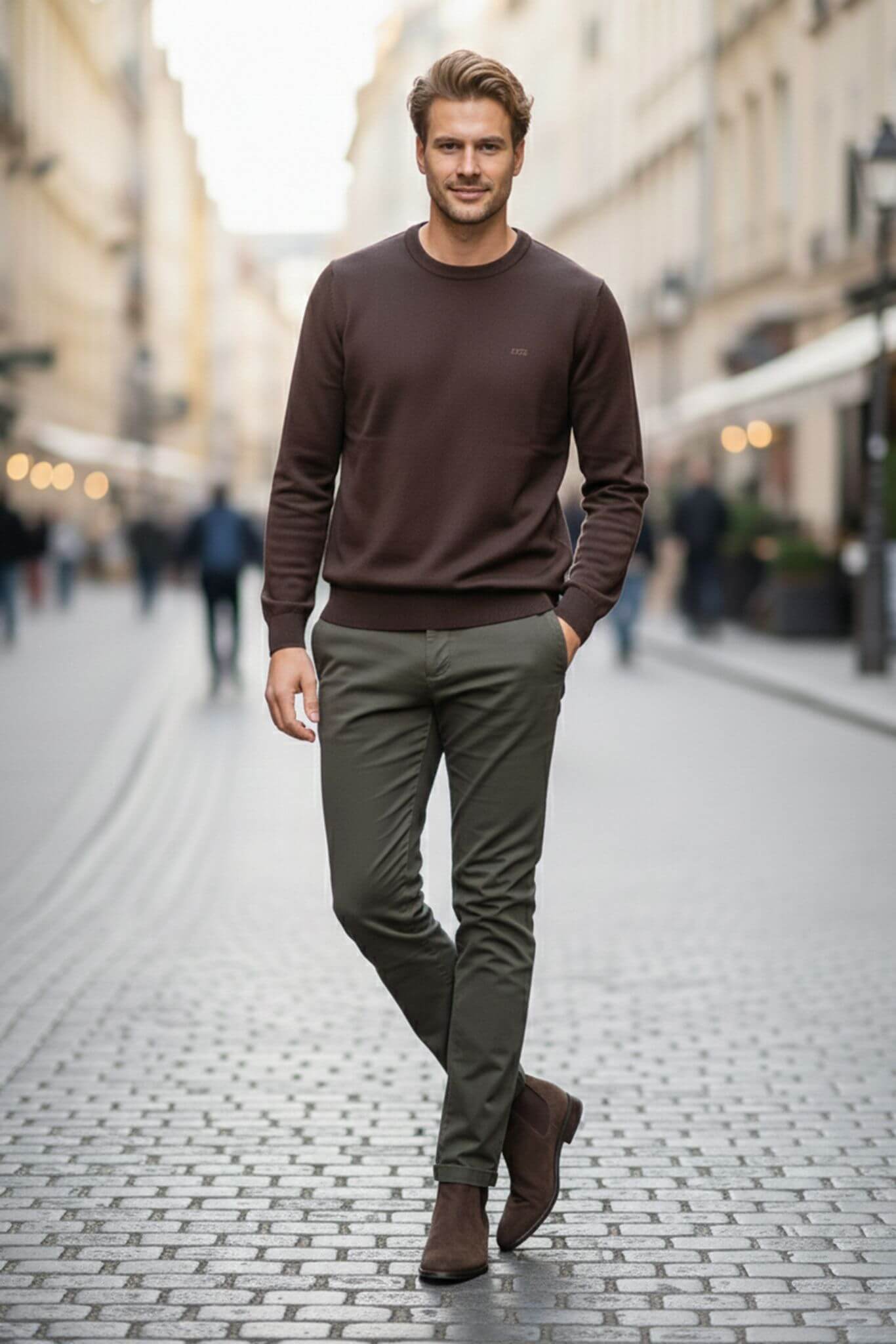 Man wearing a brown sweater and green pants walking on a city street.