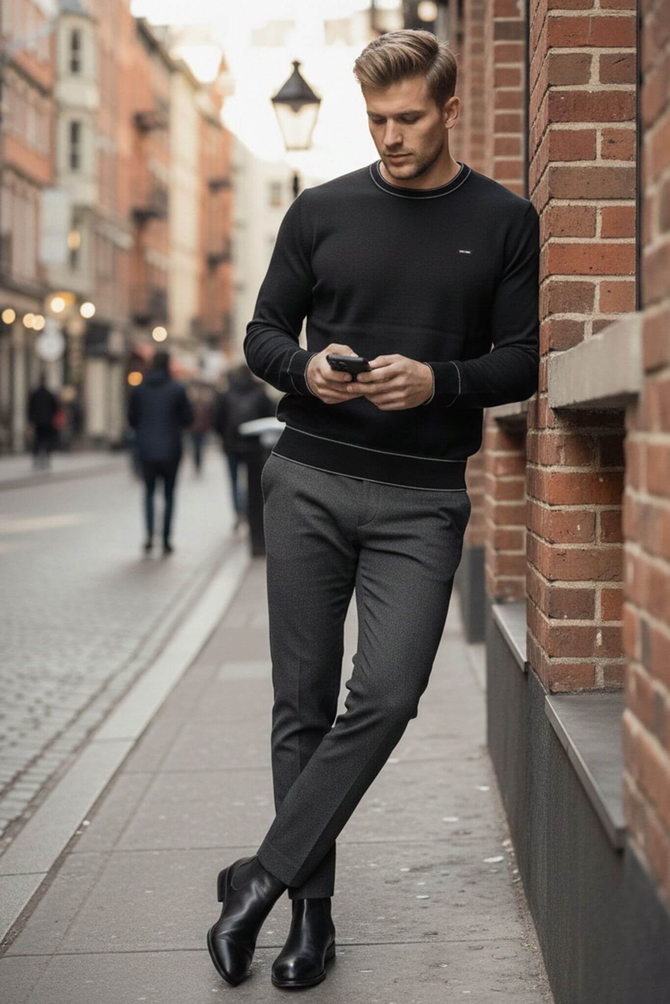 Man in Slim-fit Crew Neck Sweater with Contrast Piping in Black and gray pants leaning against a brick wall on a city street.