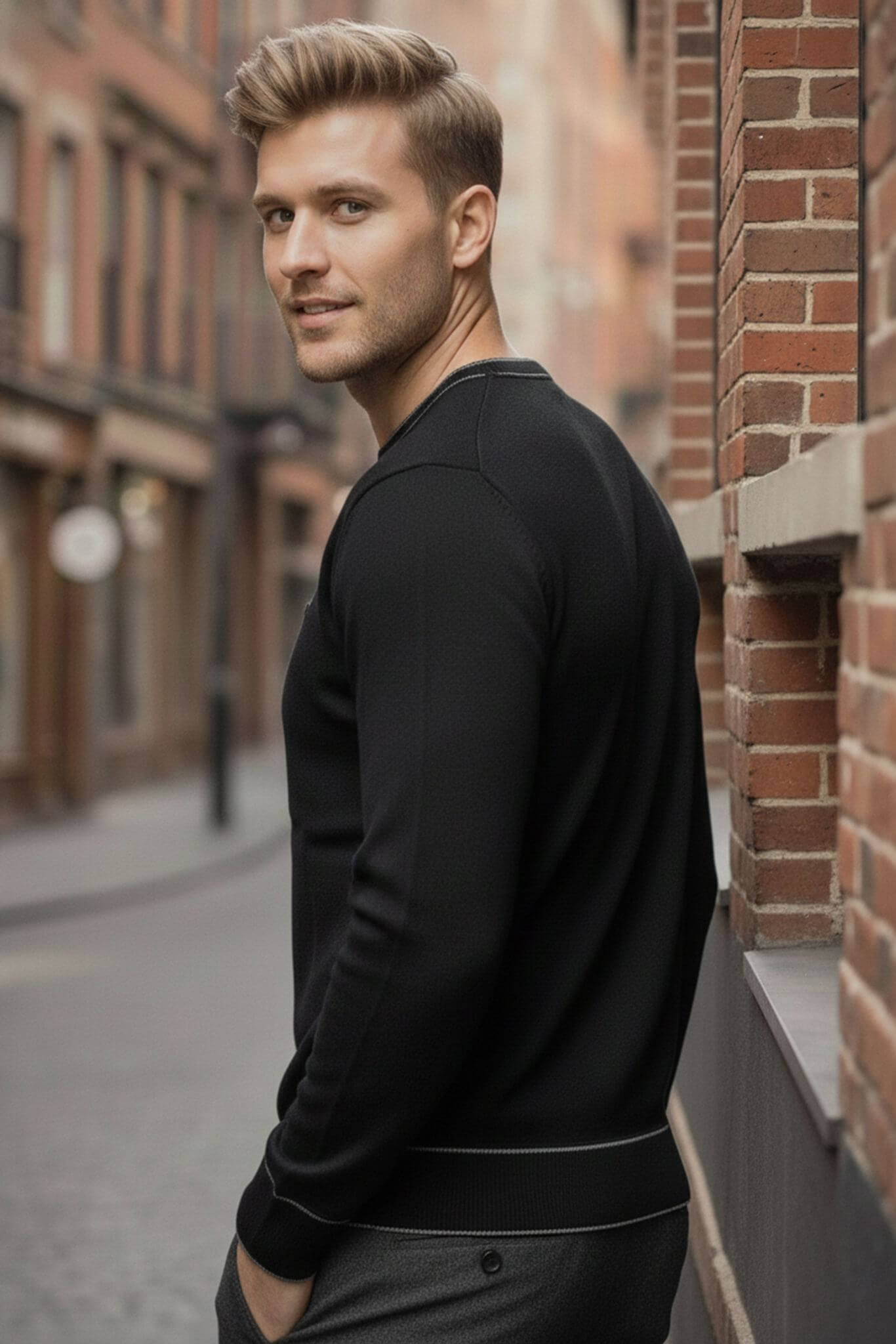 Man wearing a Slim-fit Crew Neck Sweater with Contrast Piping in Black standing against a brick wall on a street.