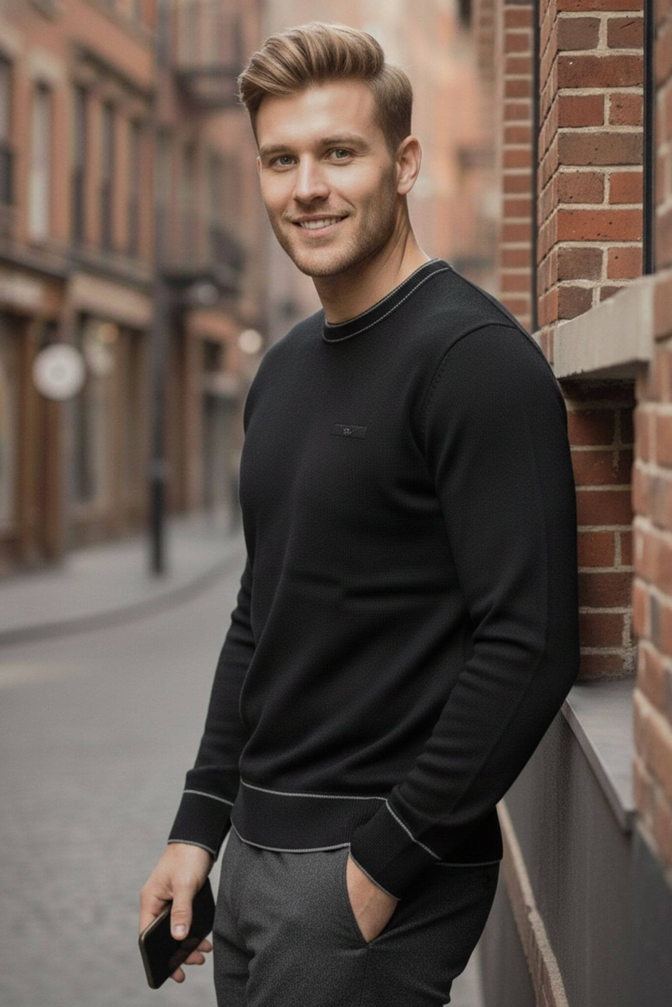 Man wearing a Slim-fit Crew Neck Sweater with Contrast Piping in Black standing against a brick wall on a street.