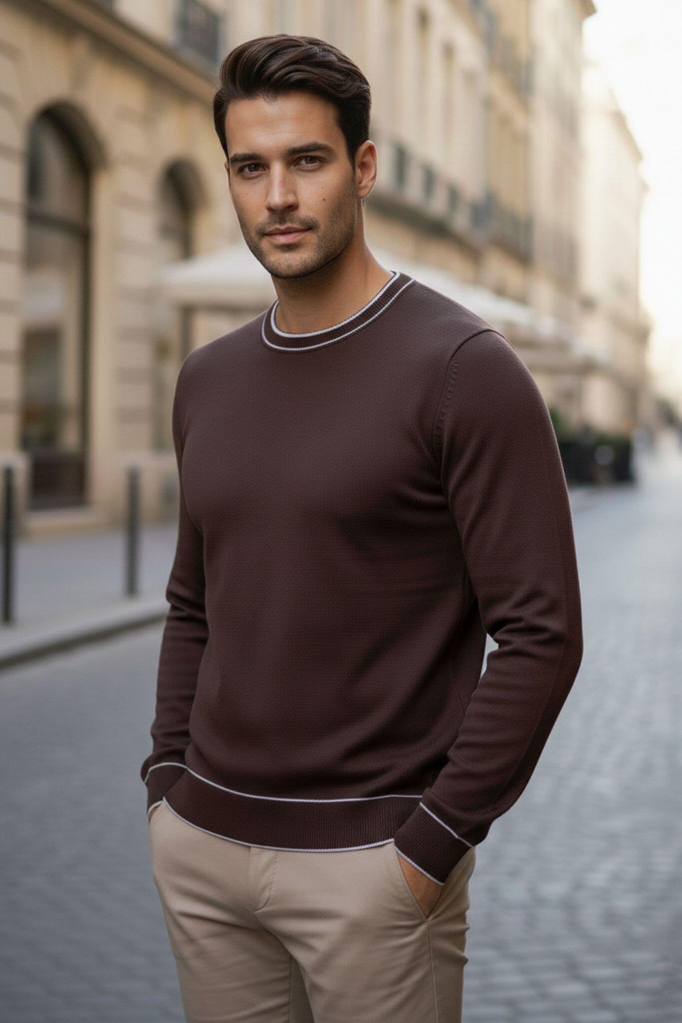 Man wearing a Slim-fit Crew Neck Sweater with Contrast Piping in Brown and beige pants on a city street