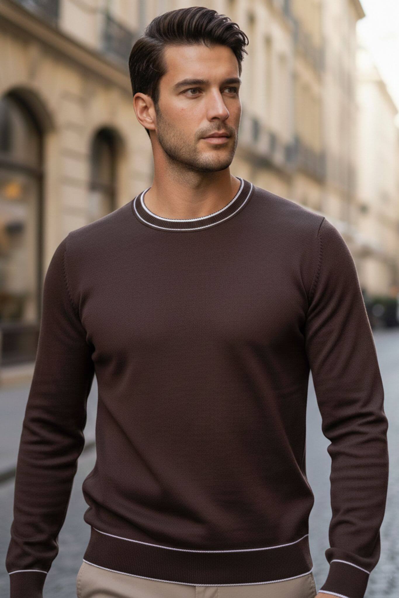 Man wearing a Slim-fit Crew Neck Sweater with Contrast Piping in Brown on a city street