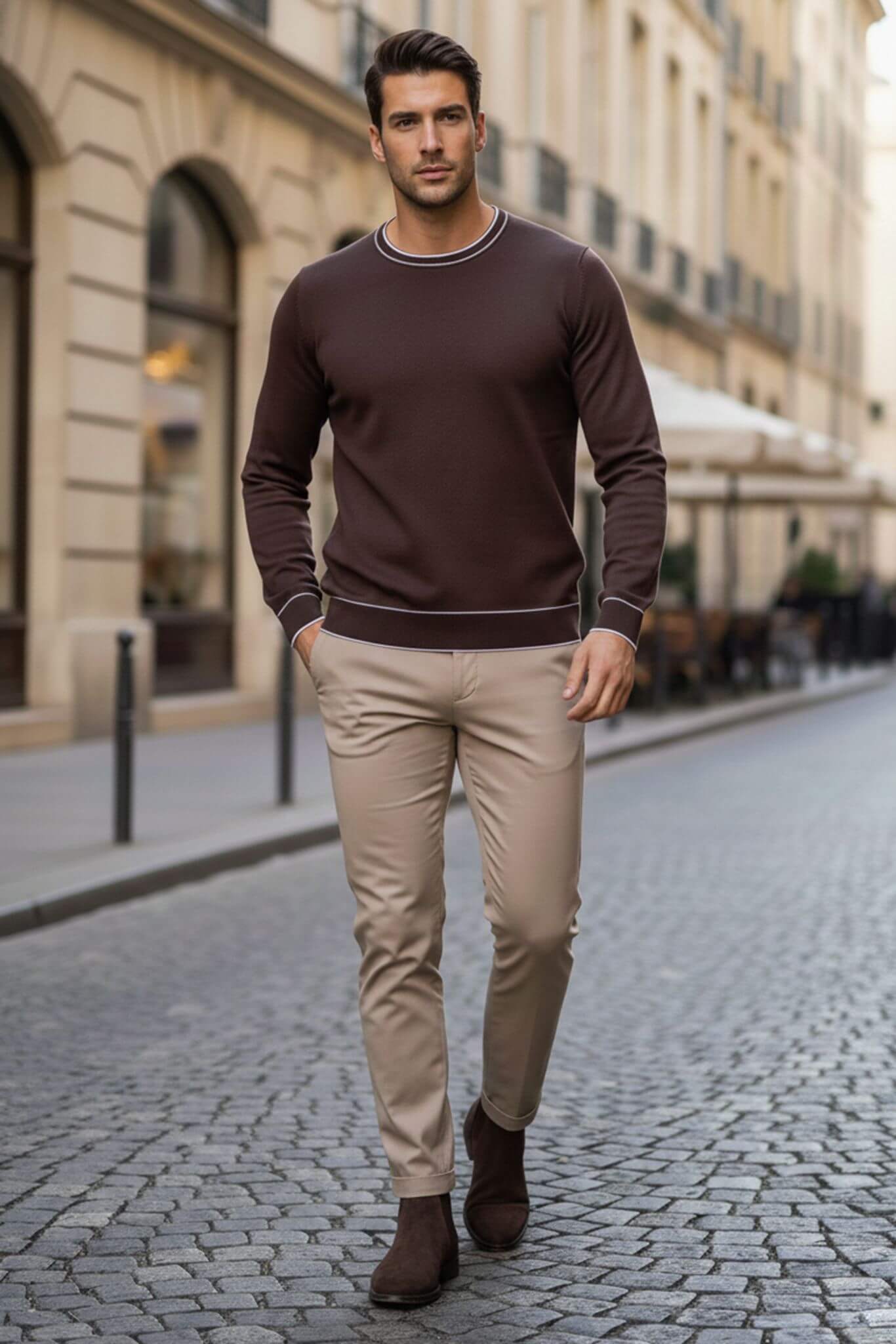 Man wearing a Slim-fit Crew Neck Sweater with Contrast Piping in Brown and beige pants standing on a cobblestone street.