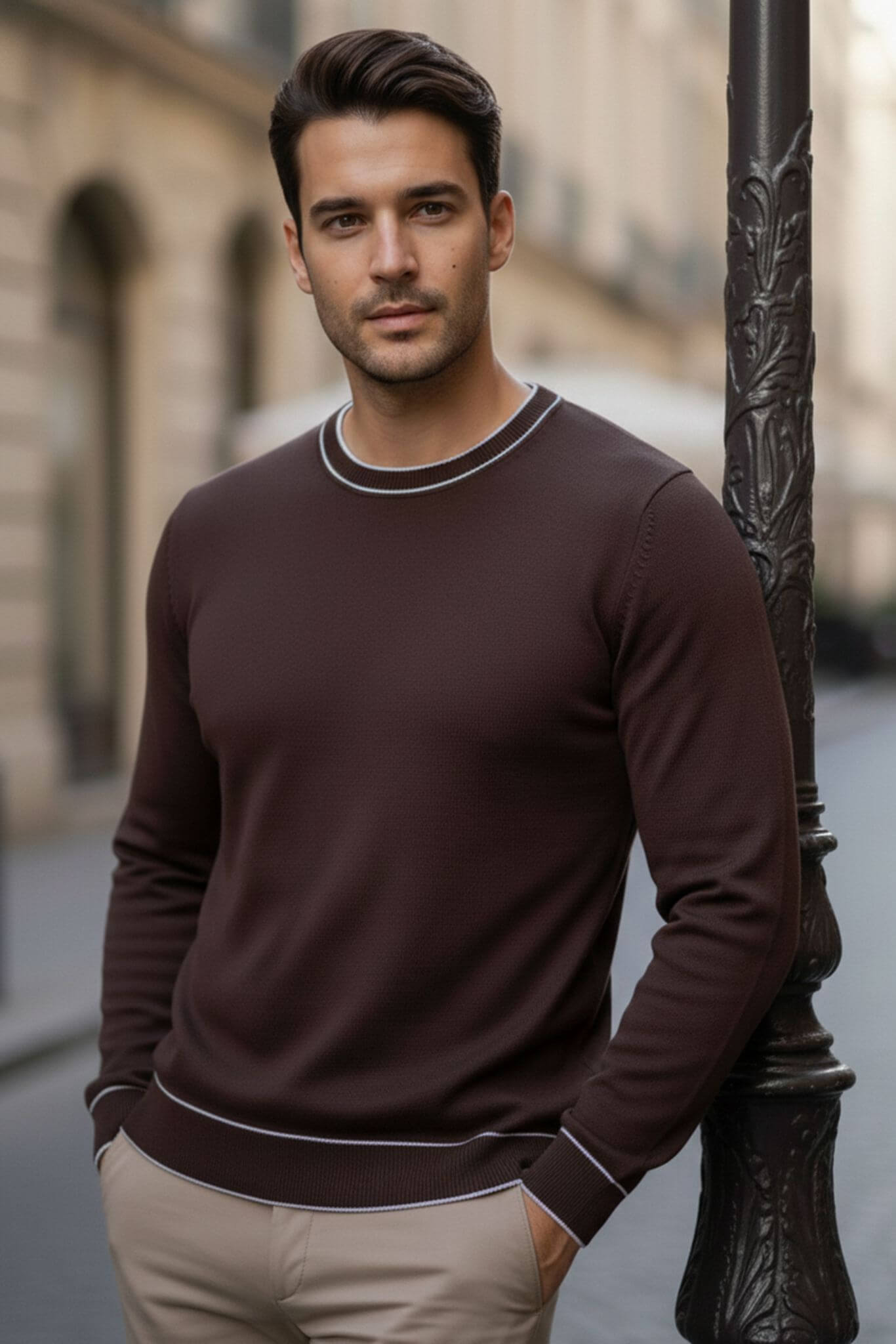 Man wearing a Slim-fit Crew Neck Sweater with Contrast Piping in Brown and beige pants standing on a street.