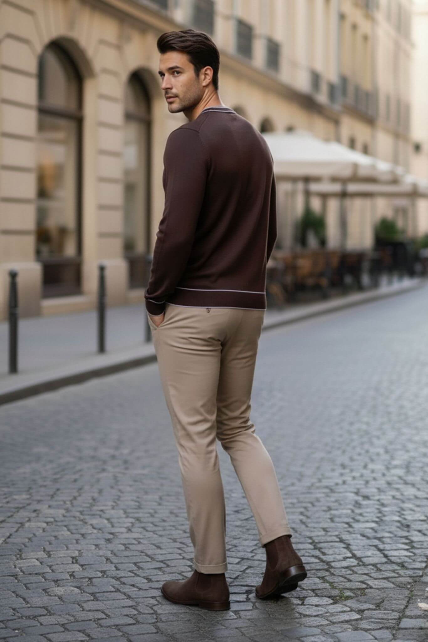 Man in Slim-fit Crew Neck Sweater with Contrast Piping in Brown and beige pants standing on a city street.