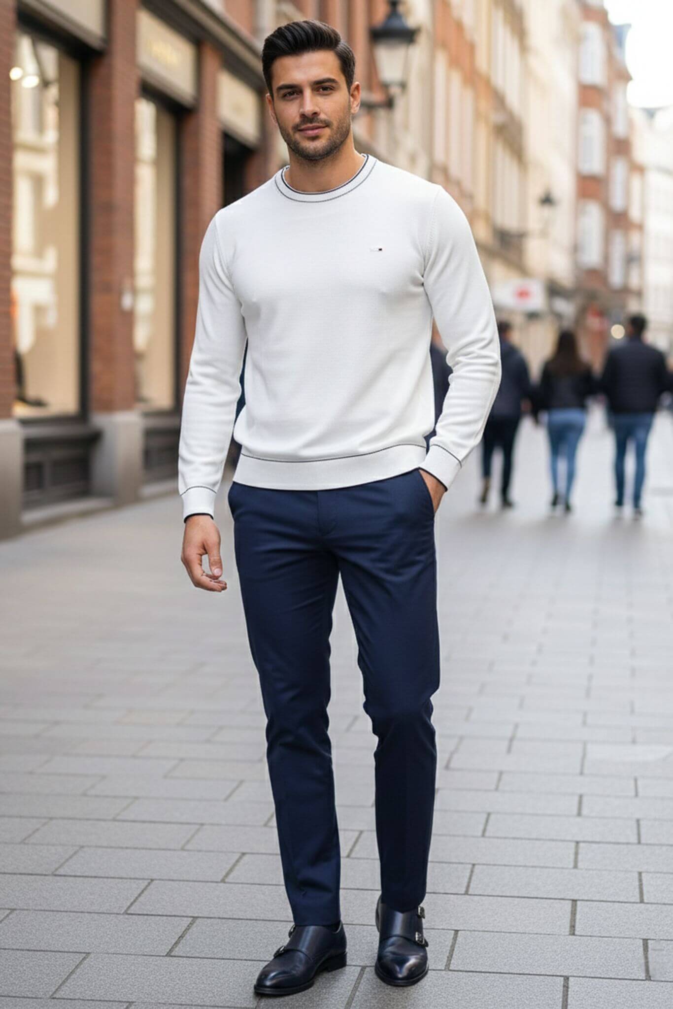 Man wearing a Slim-fit Crew Neck Sweater with Contrast Piping in White and navy pants on a city street.
