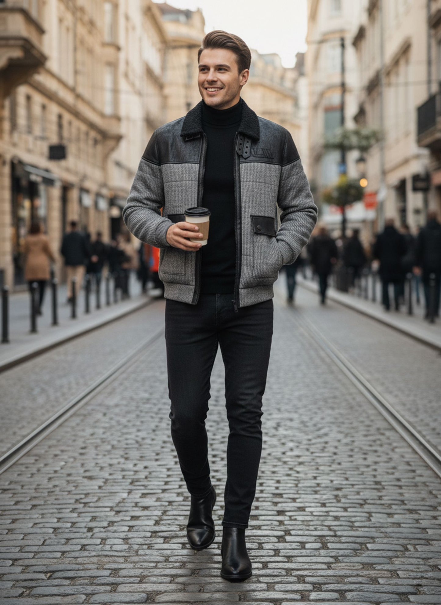 Man walking down a city street holding a coffee cup, wearing a gray jacket and black pants.