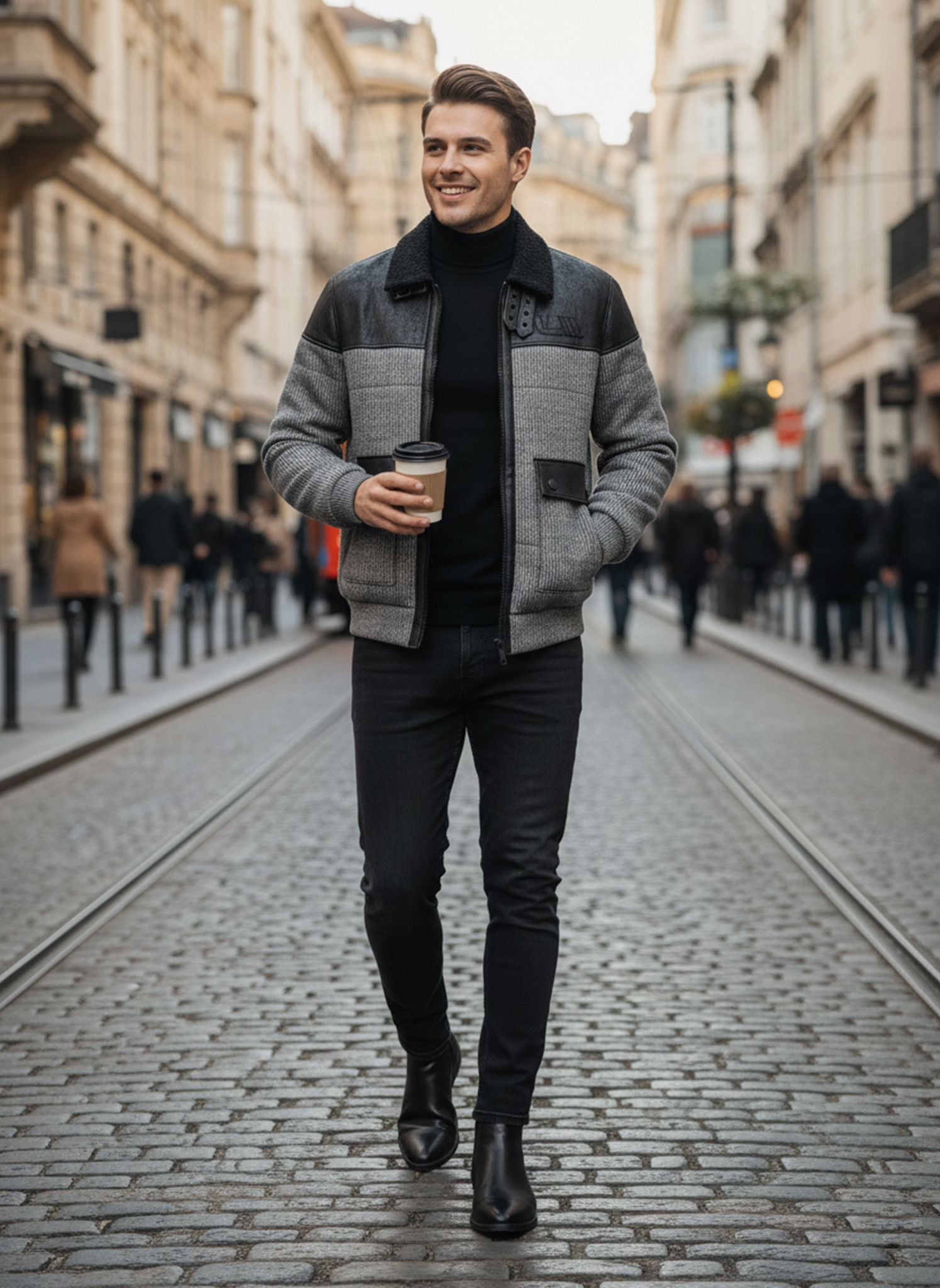 Man walking down a city street holding a coffee cup, wearing a gray jacket and black pants.