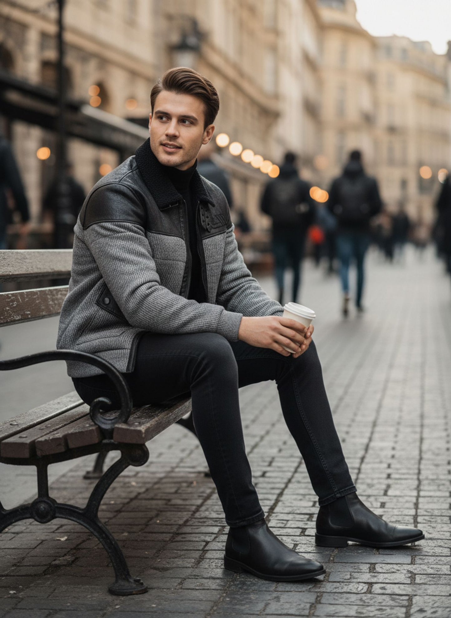 Man sitting on a bench in an urban setting holding a coffee cup.